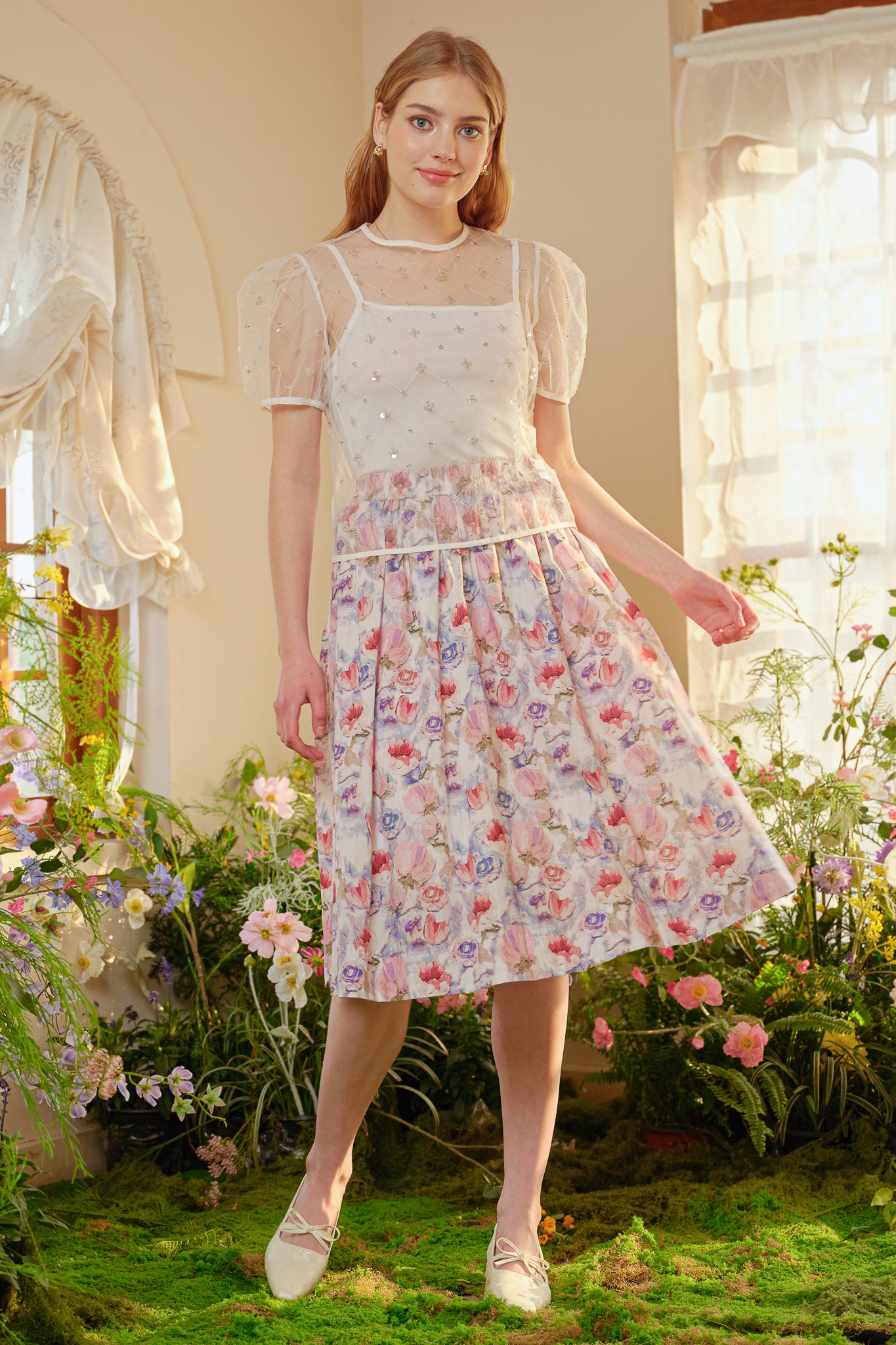 RP2281 - Pastel Blue Floral Fantasy Midi Skirt (2S-2M-2L)