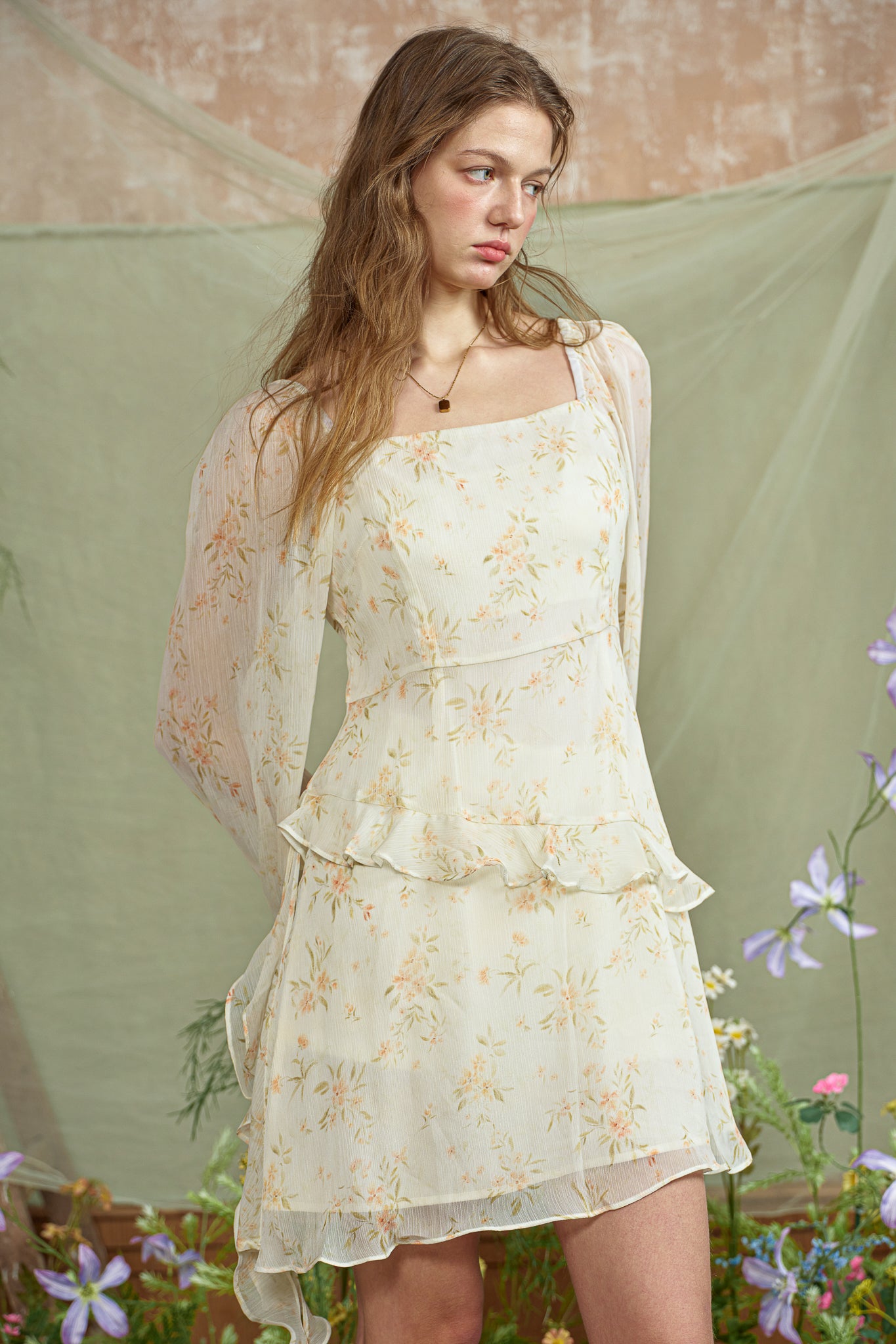 RP2784 - Yellow Floral Ruffle Chiffon Dress (2S-2M-2L)