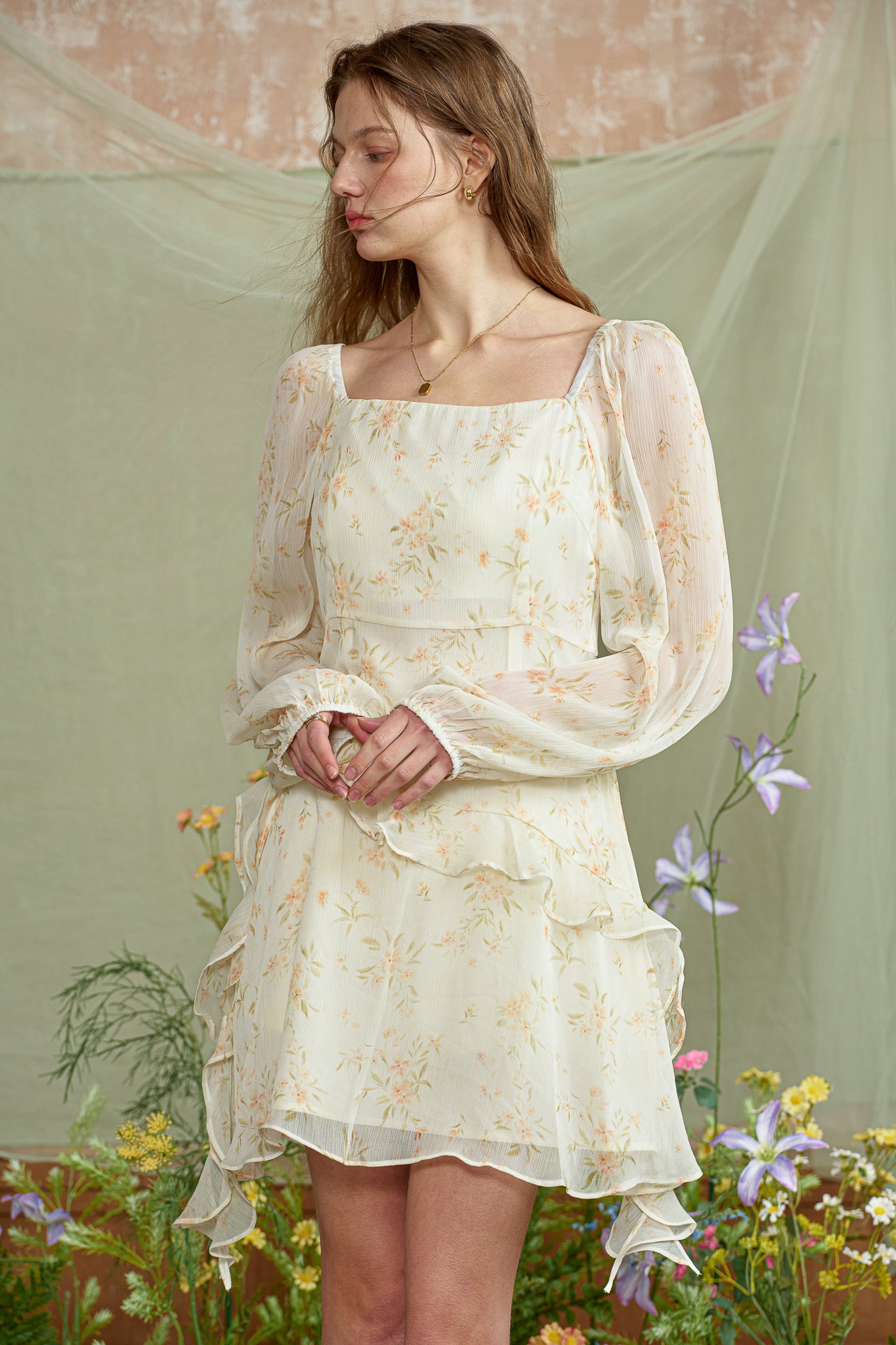 RP2784 - Yellow Floral Ruffle Chiffon Dress (2S-2M-2L)
