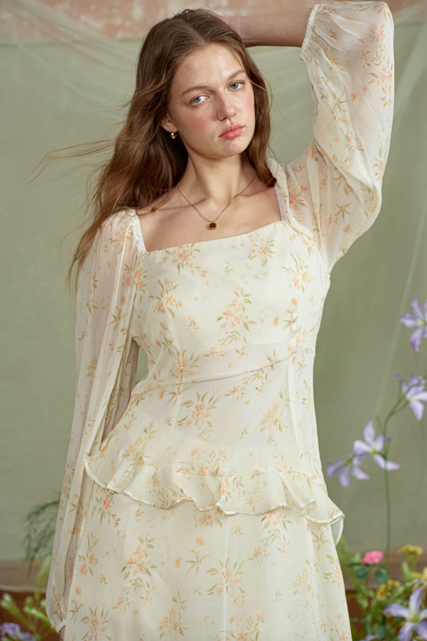 RP2784 - Yellow Floral Ruffle Chiffon Dress (2S-2M-2L)