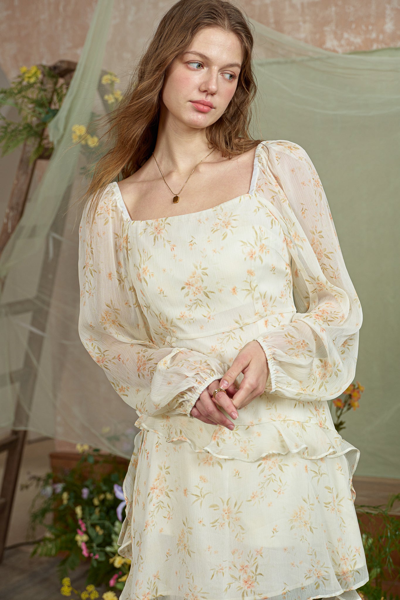 RP2784 - Yellow Floral Ruffle Chiffon Dress (2S-2M-2L)