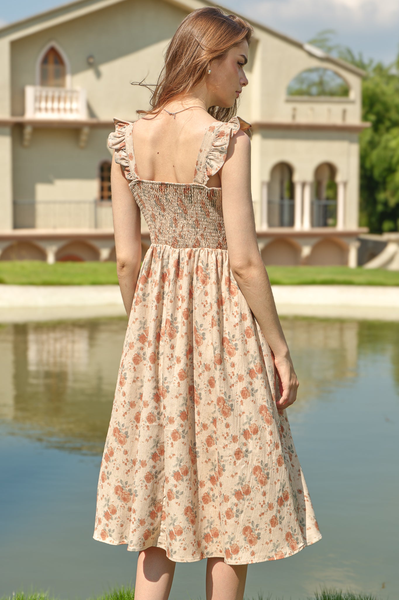 RP2557 - Floral Corduroy Dress with Bow and Ruffles (2S-2M-2L)