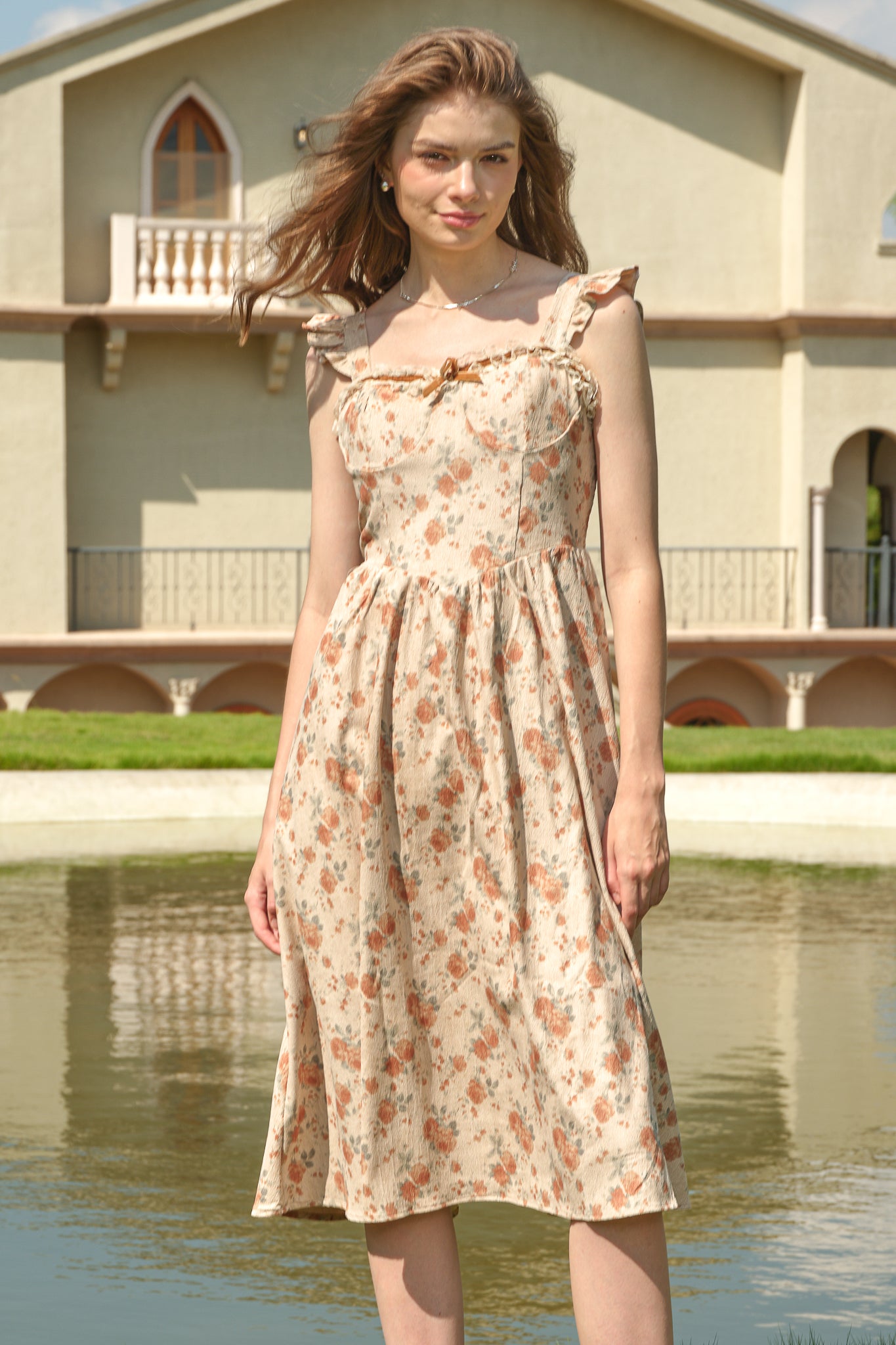 RP2557 - Floral Corduroy Dress with Bow and Ruffles (2S-2M-2L)