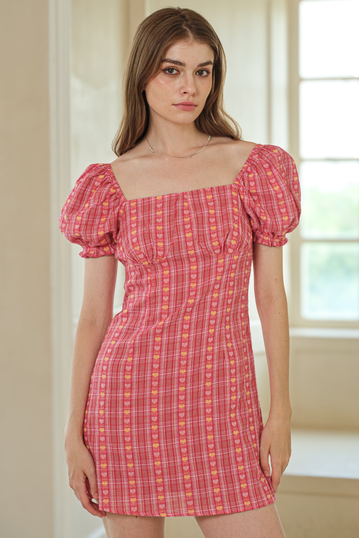RP2580 - Pink Yellow Heart-Patterned Plaid Puff Sleeve Dress (2S-2M-2L)