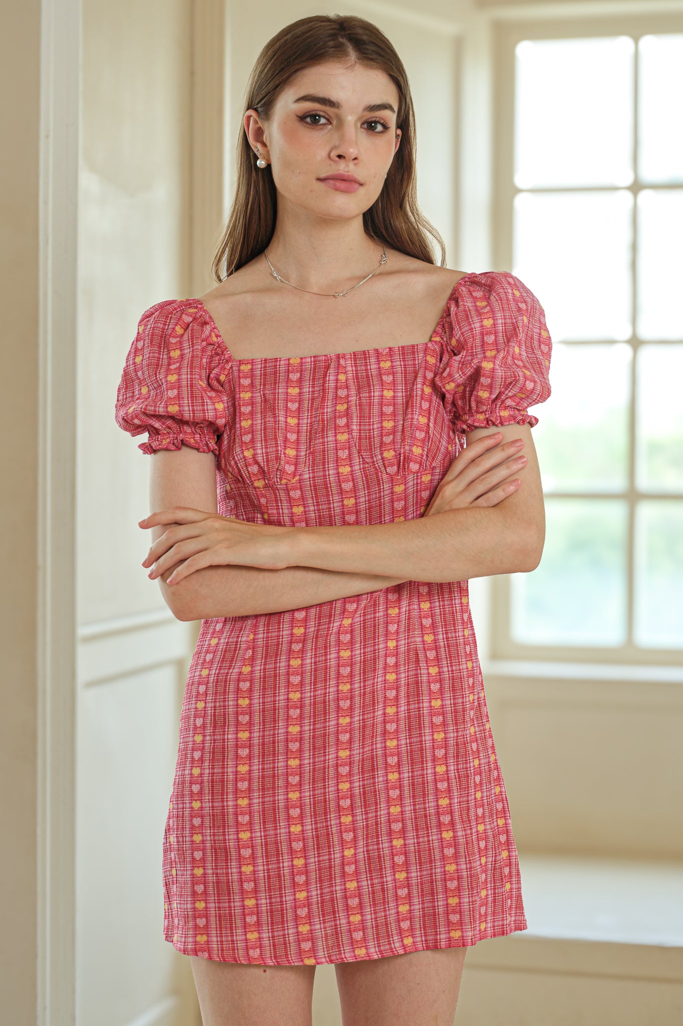 RP2580 - Pink Yellow Heart-Patterned Plaid Puff Sleeve Dress (2S-2M-2L)
