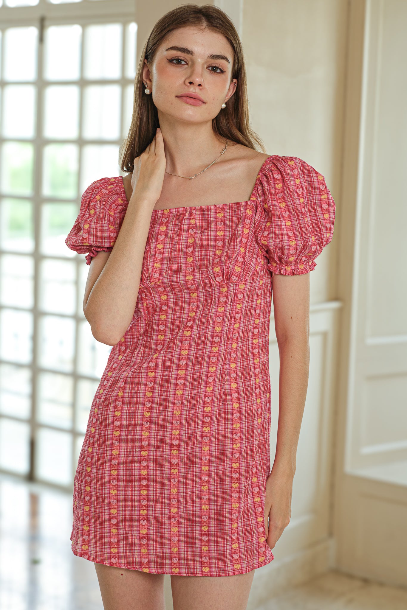 RP2580 - Pink Yellow Heart-Patterned Plaid Puff Sleeve Dress (2S-2M-2L)