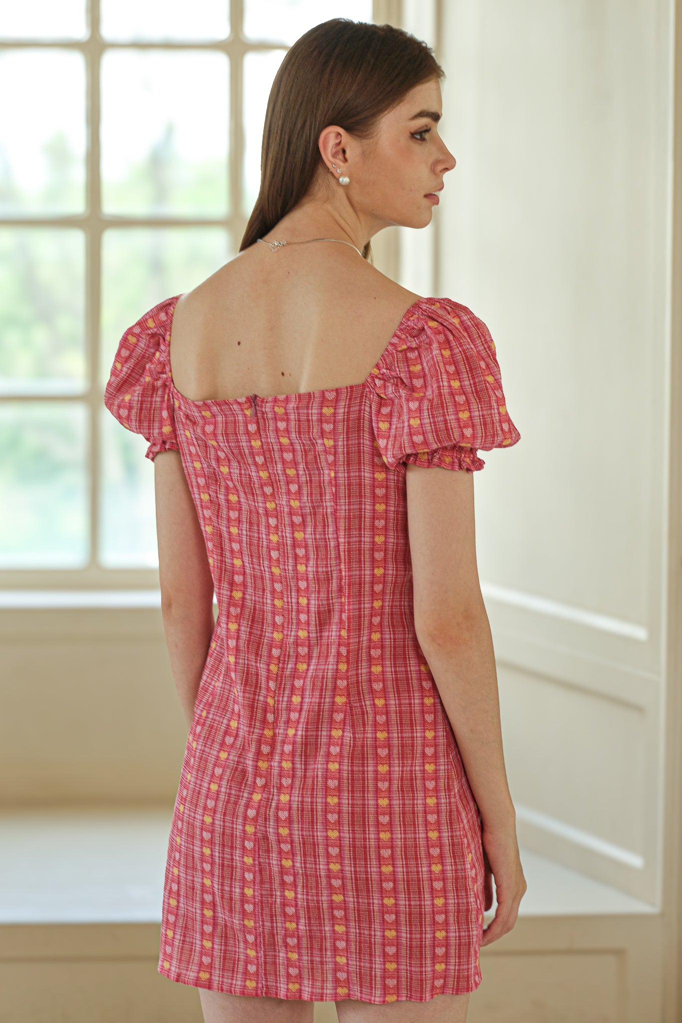 RP2580 - Pink Yellow Heart-Patterned Plaid Puff Sleeve Dress (2S-2M-2L)
