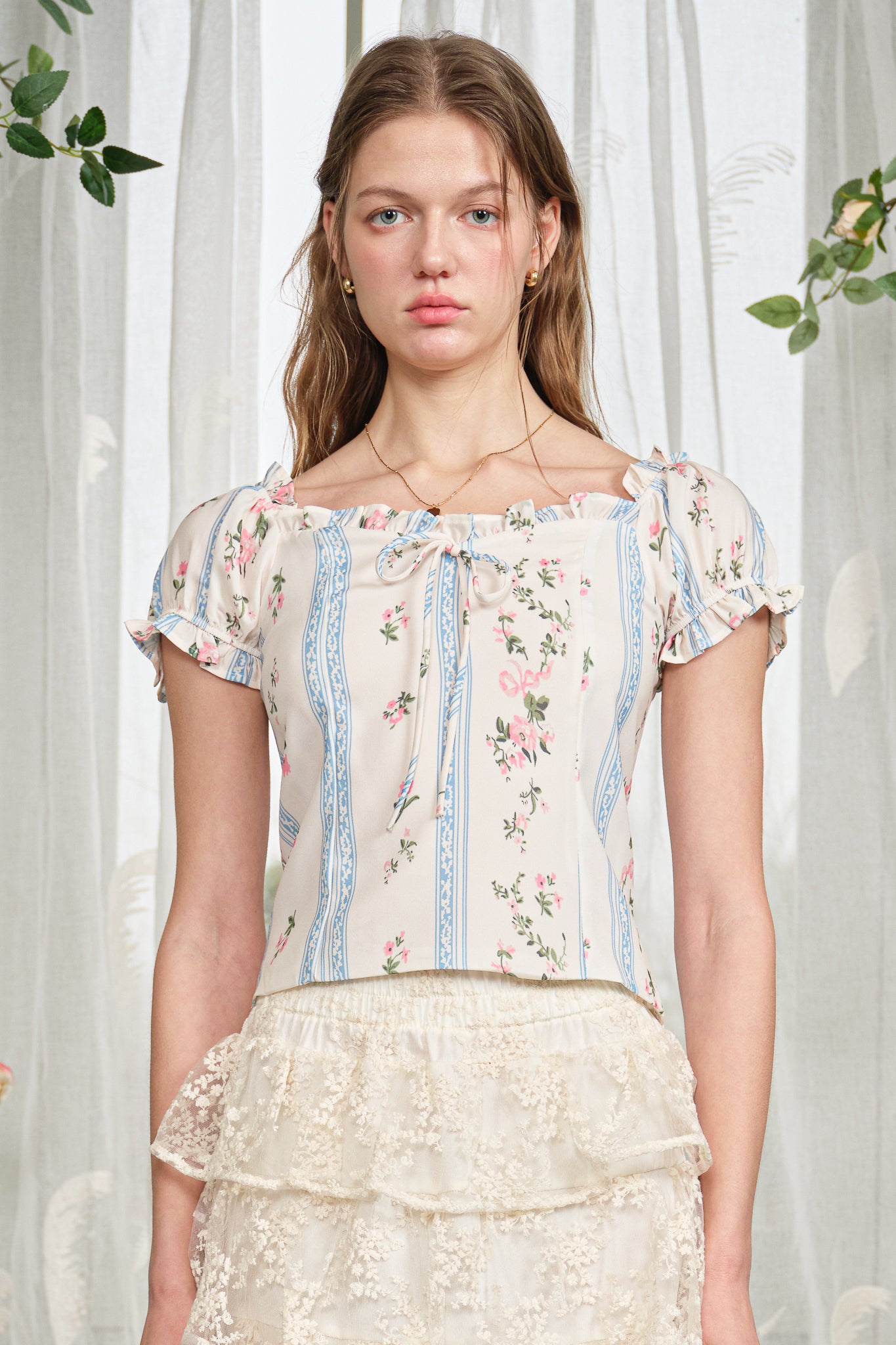 RP2833 - Blue Ribbon Stripe Floral Blouse (2S-2M-2L)