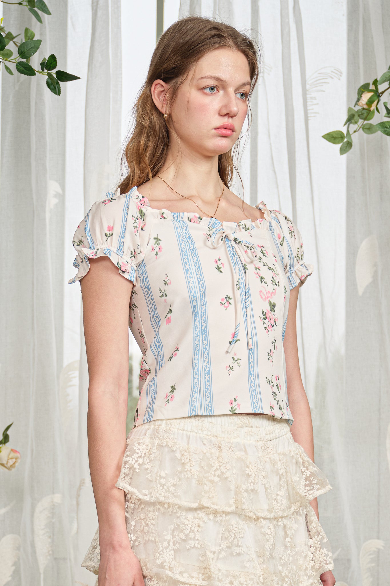 RP2833 - Blue Ribbon Stripe Floral Blouse (2S-2M-2L)