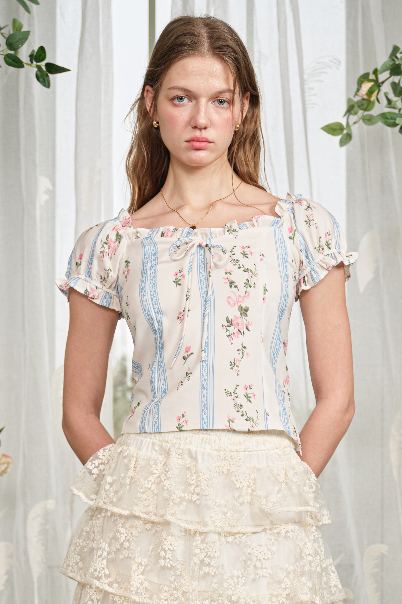 RP2833 - Blue Ribbon Stripe Floral Blouse (2S-2M-2L)