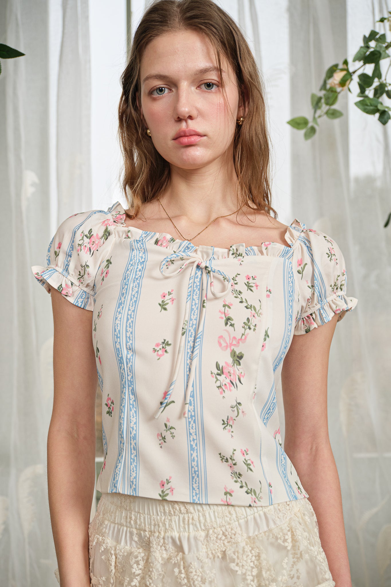 RP2833 - Blue Ribbon Stripe Floral Blouse (2S-2M-2L)