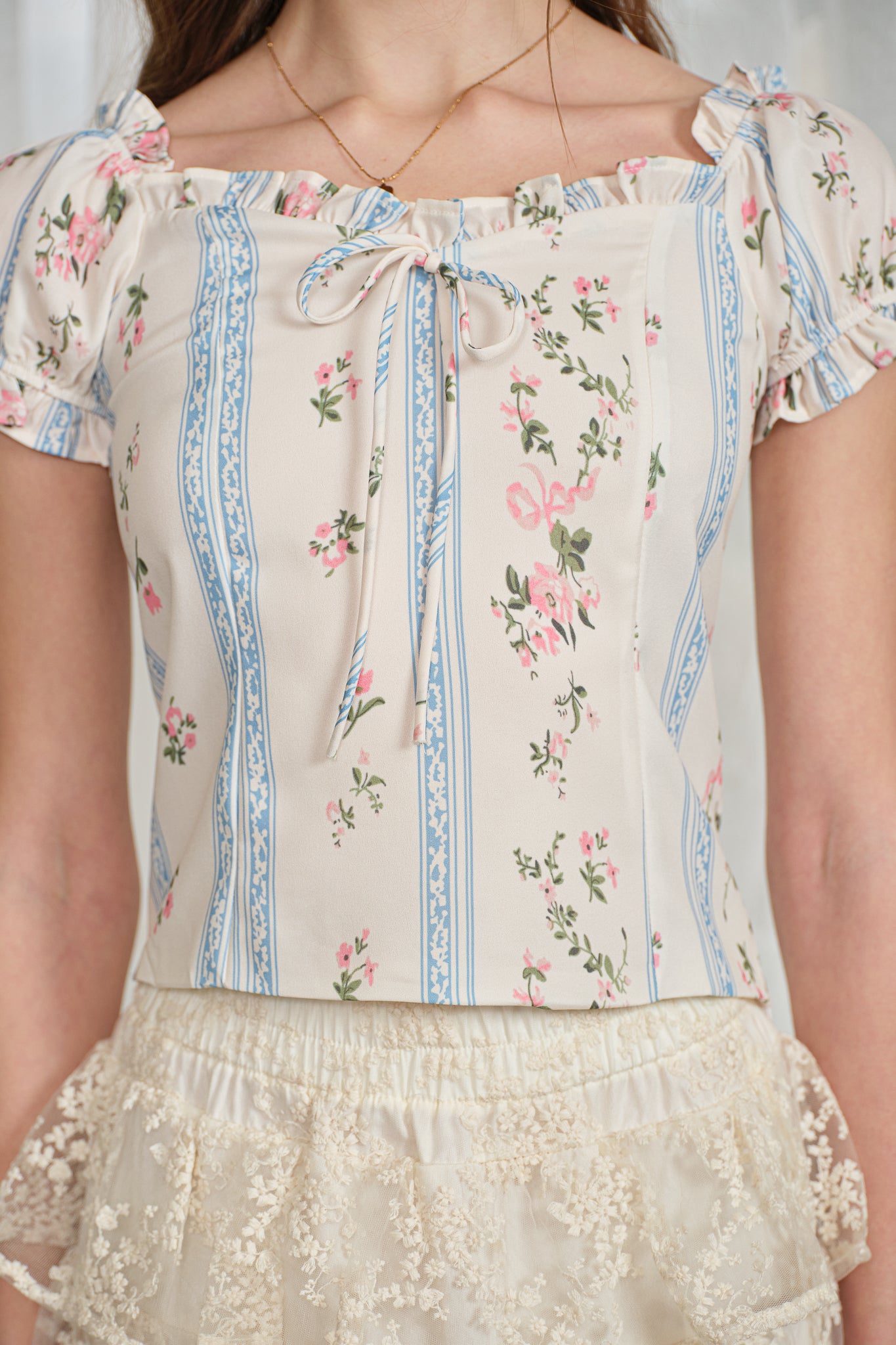 RP2833 - Blue Ribbon Stripe Floral Blouse (2S-2M-2L)