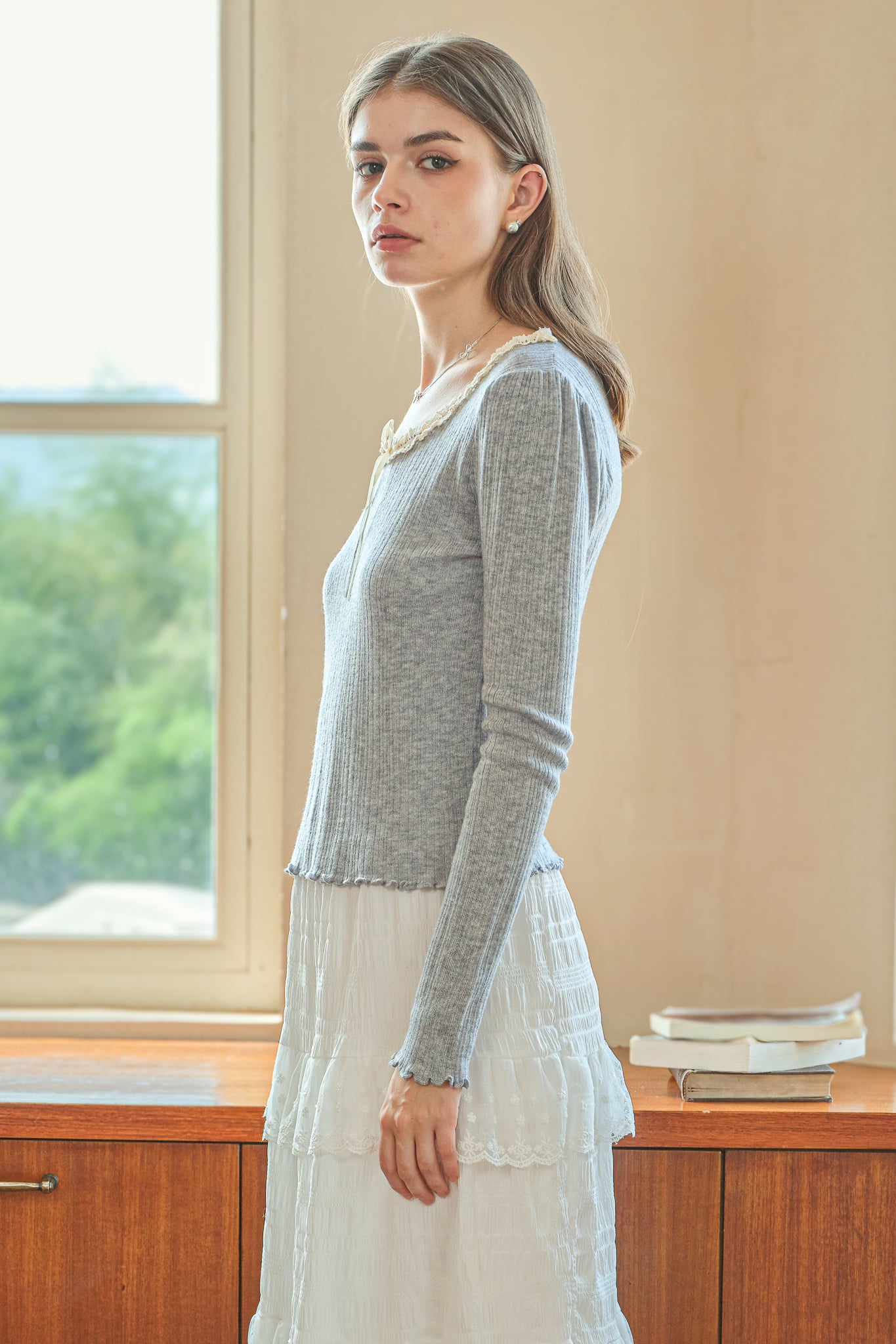 RP2547 - Knit Top with Lace and Ribbon (Soft Grey) (2S-2M-2L)