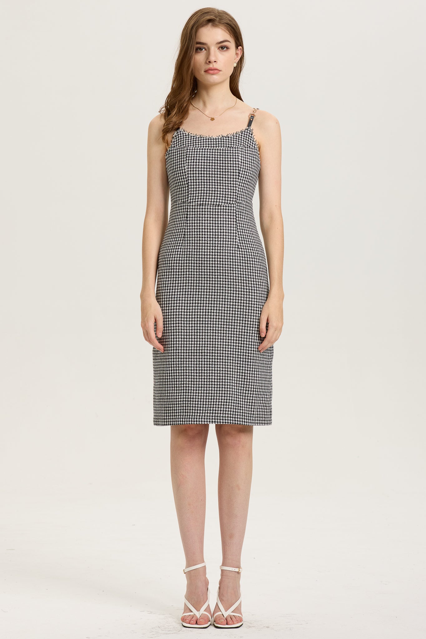 RP2608 - Houndstooth Fitted Midi Dress with Frayed Trim (2S-2M-2L)