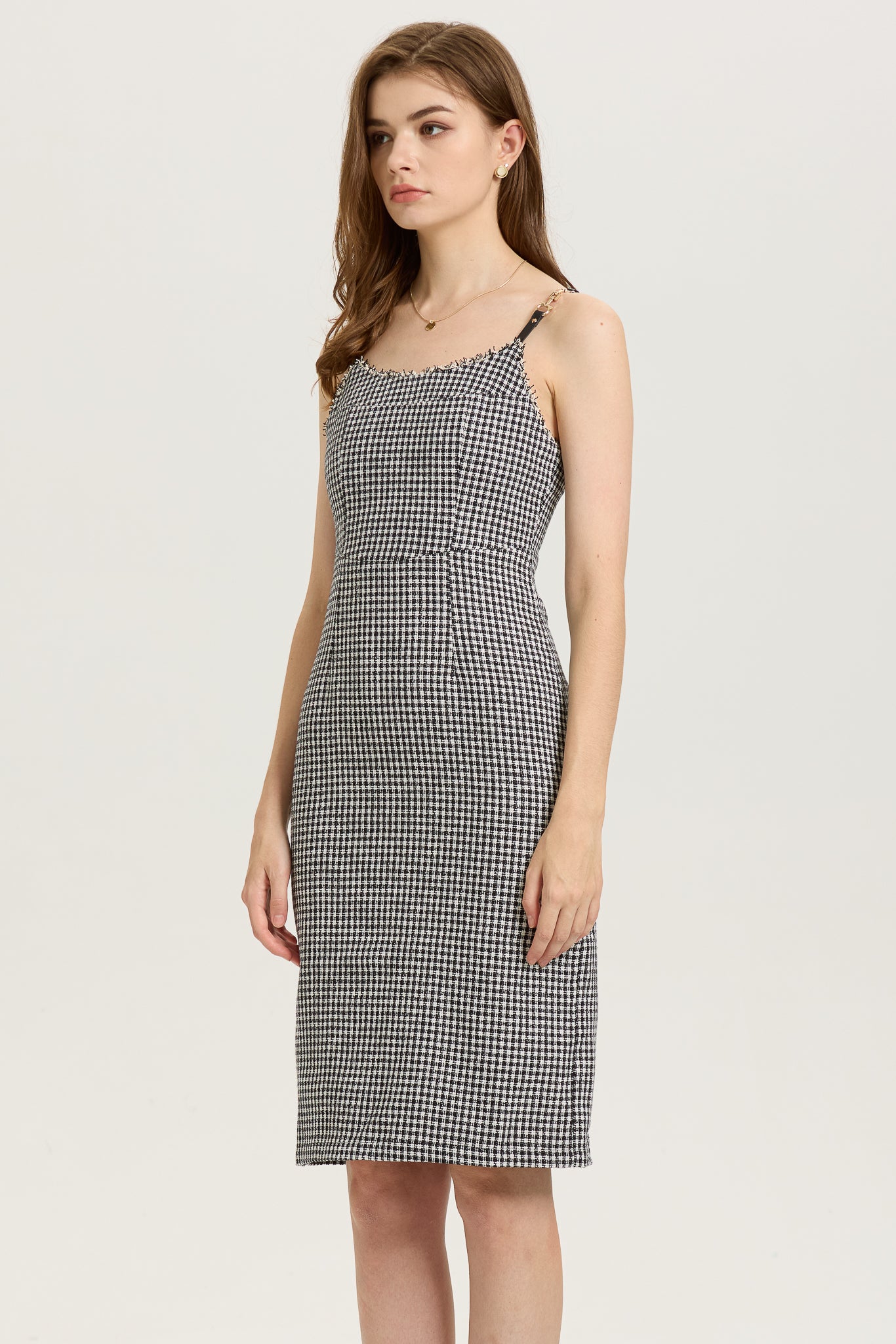 RP2608 - Houndstooth Fitted Midi Dress with Frayed Trim (2S-2M-2L)