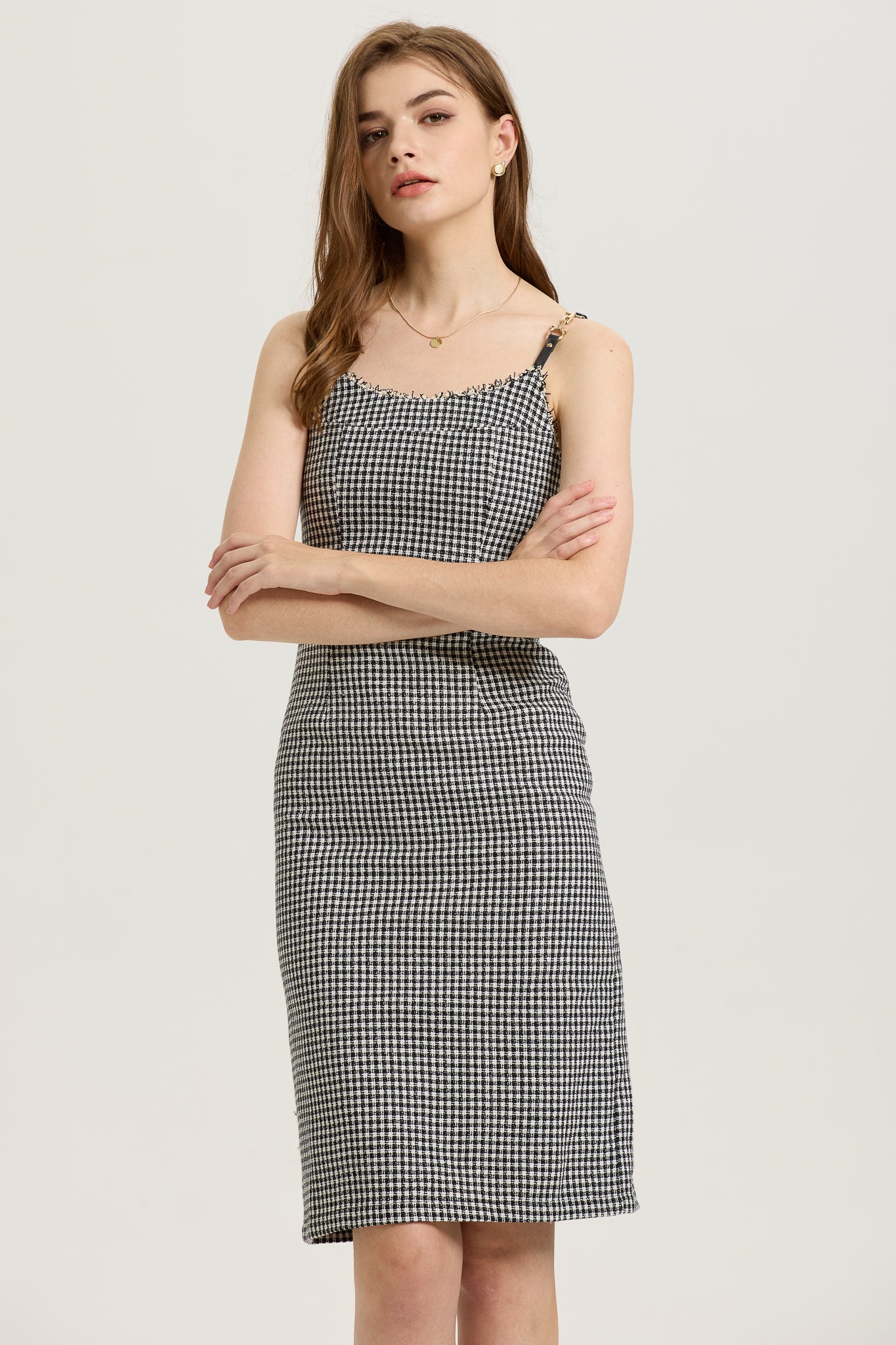 RP2608 - Houndstooth Fitted Midi Dress with Frayed Trim (2S-2M-2L)