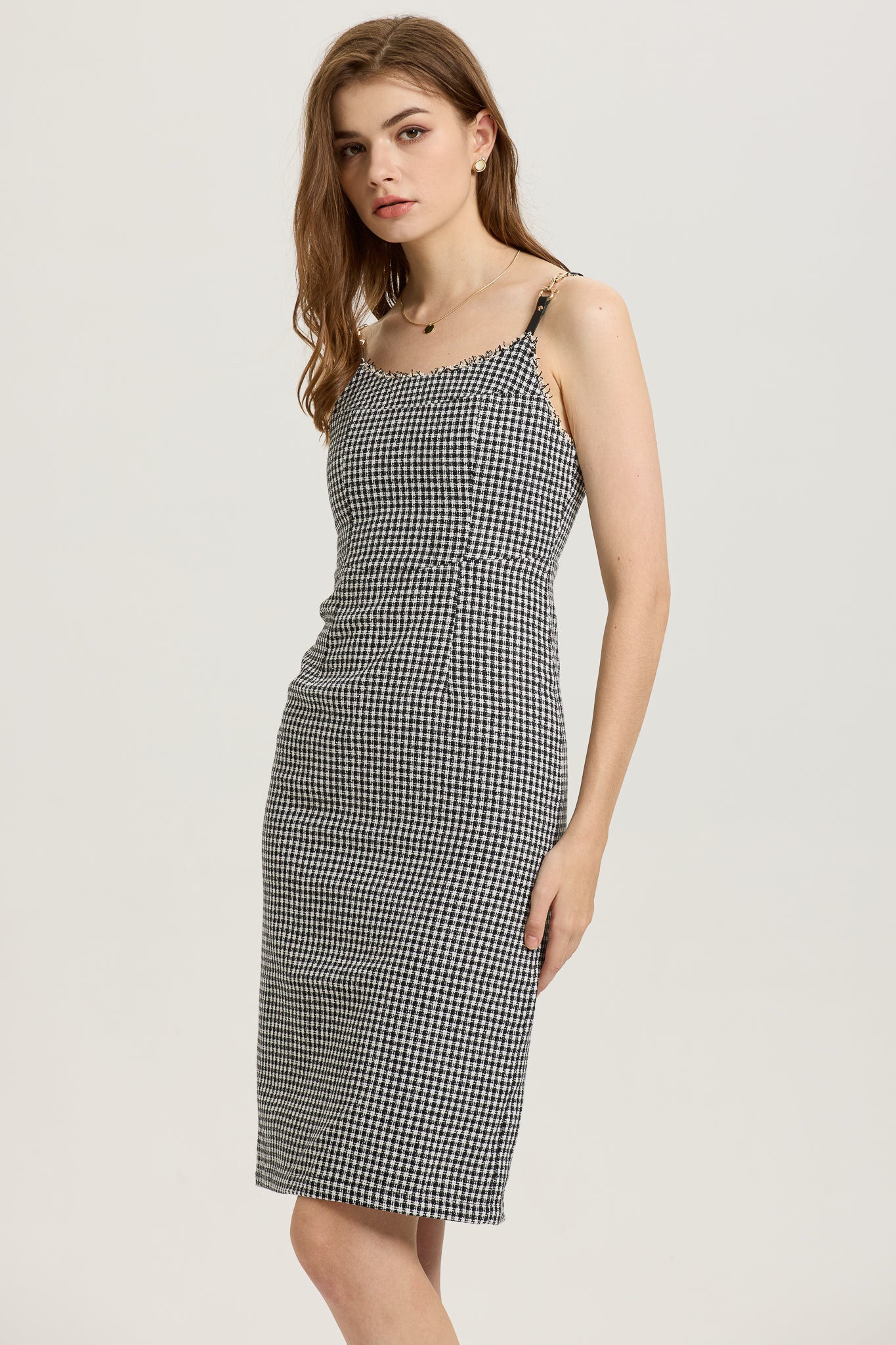 RP2608 - Houndstooth Fitted Midi Dress with Frayed Trim (2S-2M-2L)