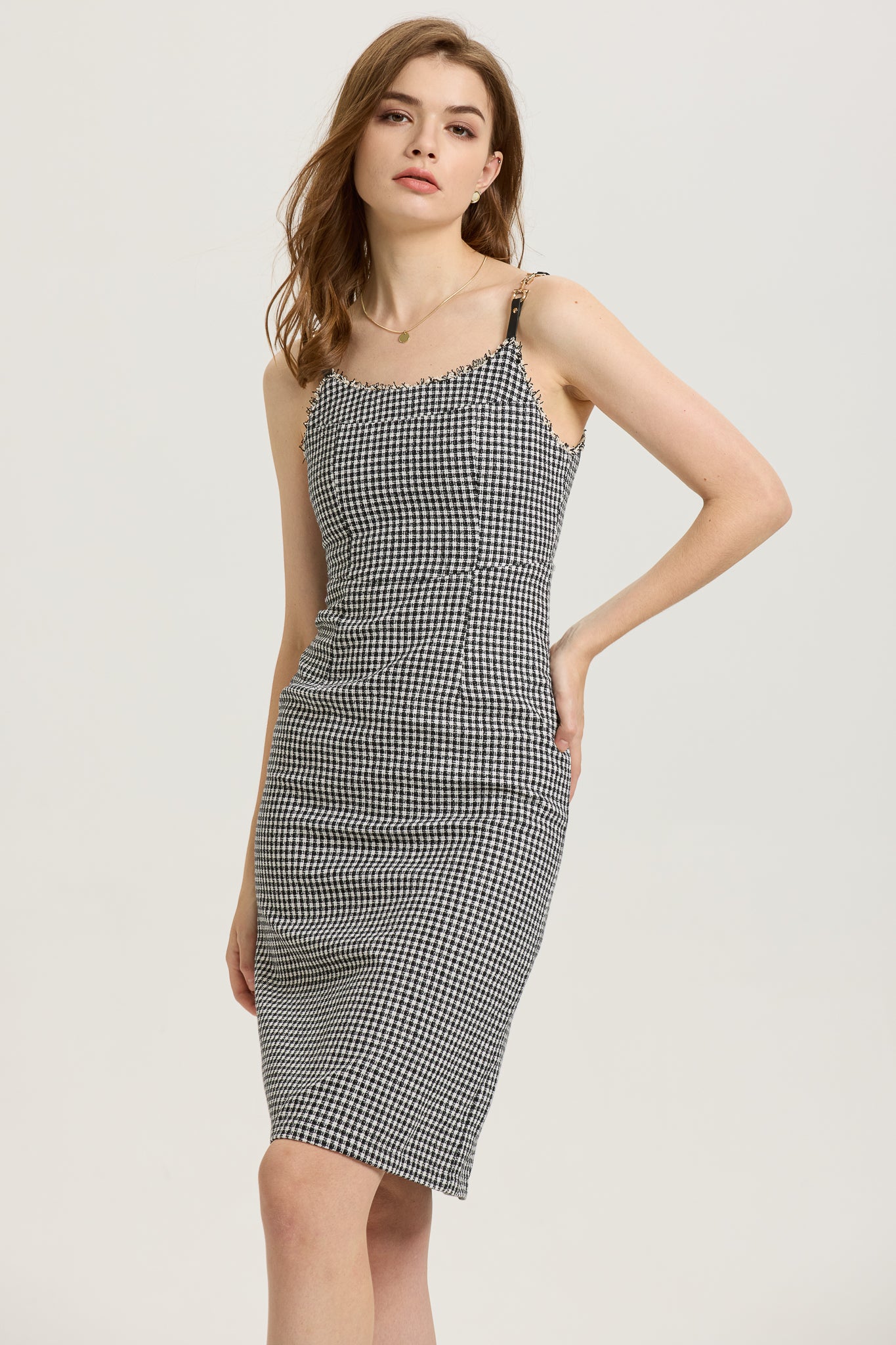 RP2608 - Houndstooth Fitted Midi Dress with Frayed Trim (2S-2M-2L)