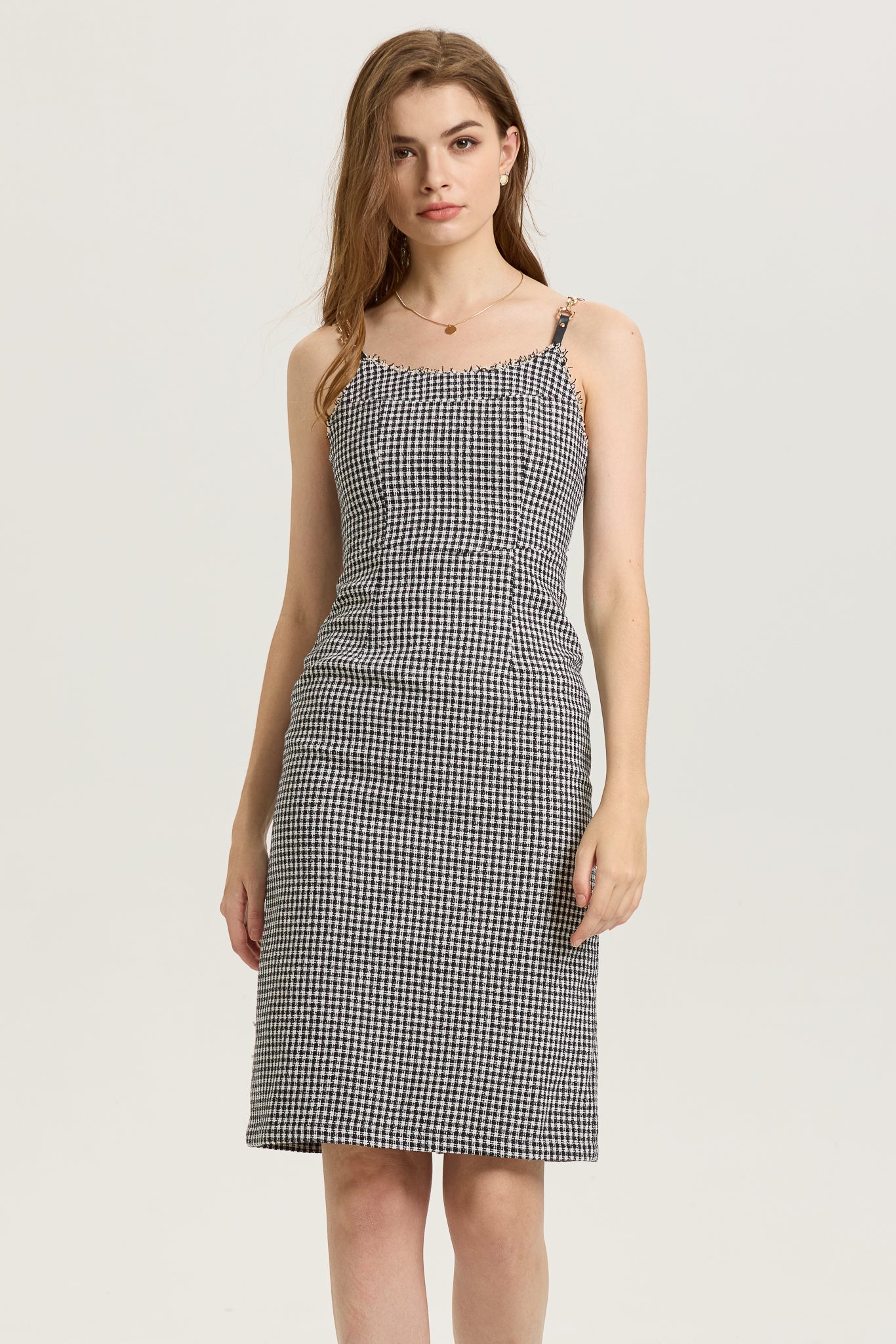 RP2608 - Houndstooth Fitted Midi Dress with Frayed Trim (2S-2M-2L)