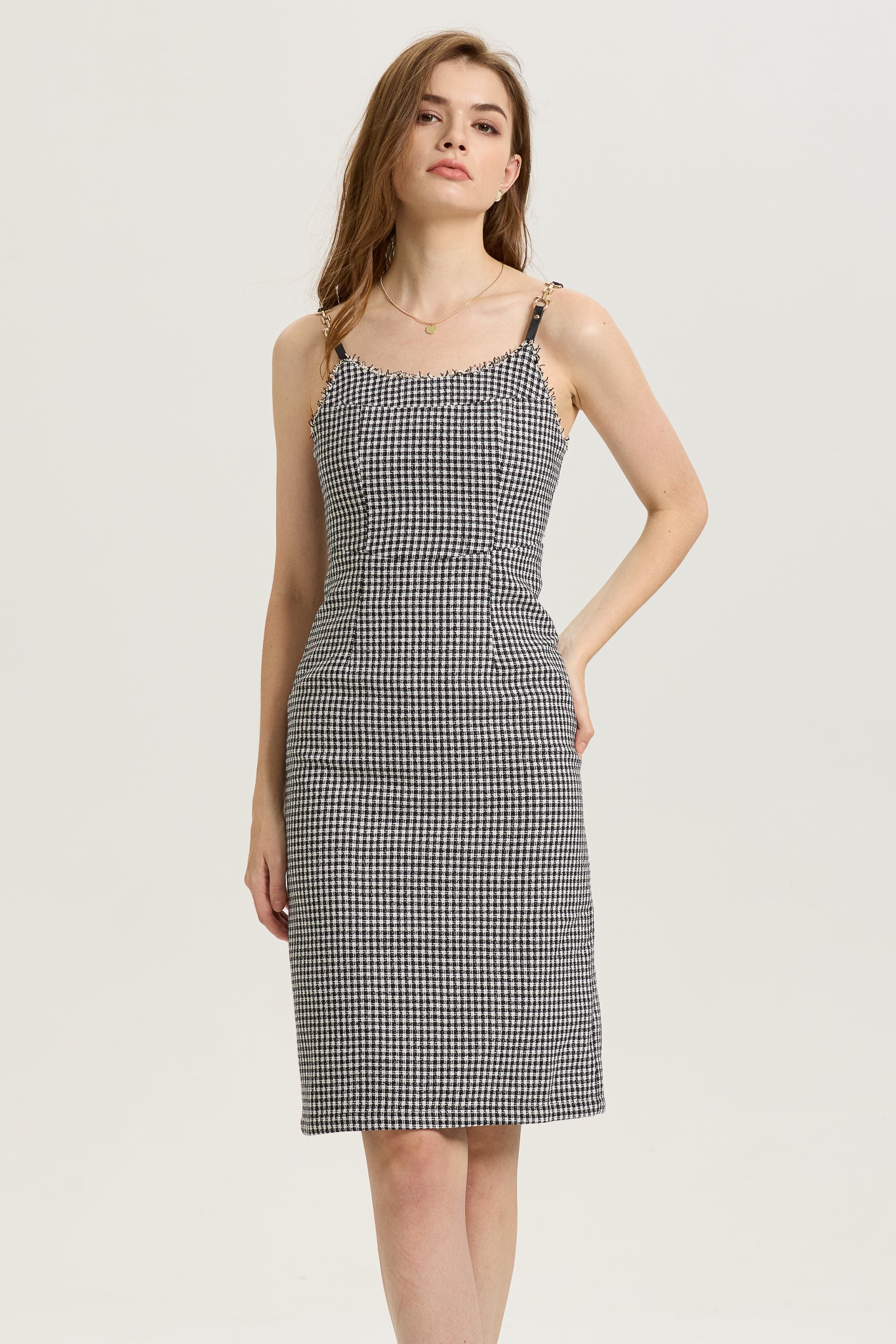 RP2608 - Houndstooth Fitted Midi Dress with Frayed Trim (2S-2M-2L)