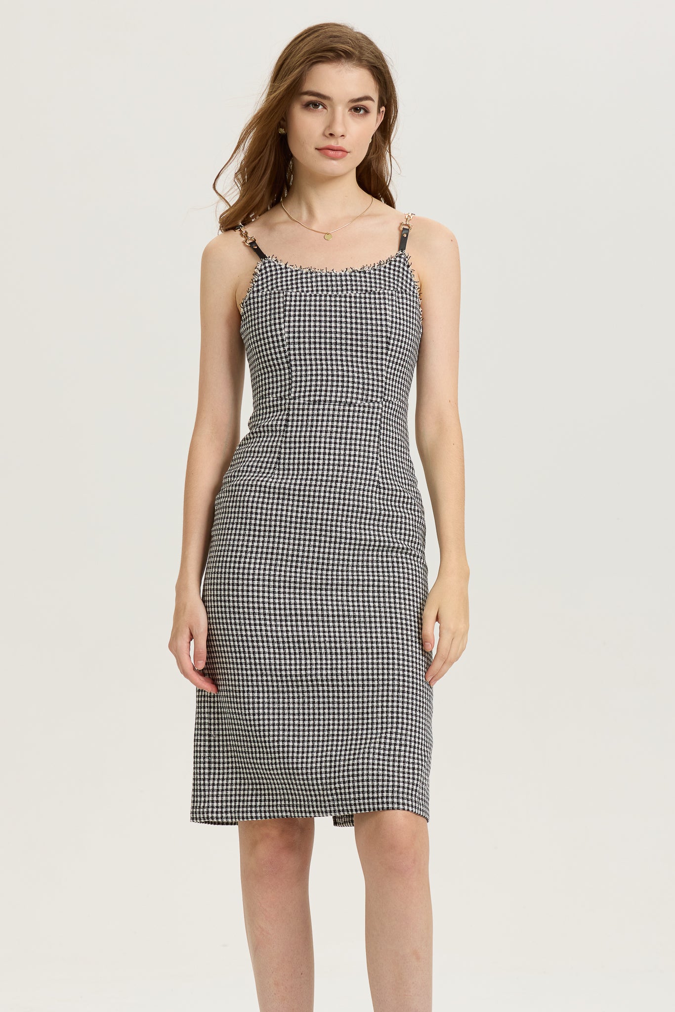 RP2608 - Houndstooth Fitted Midi Dress with Frayed Trim (2S-2M-2L)