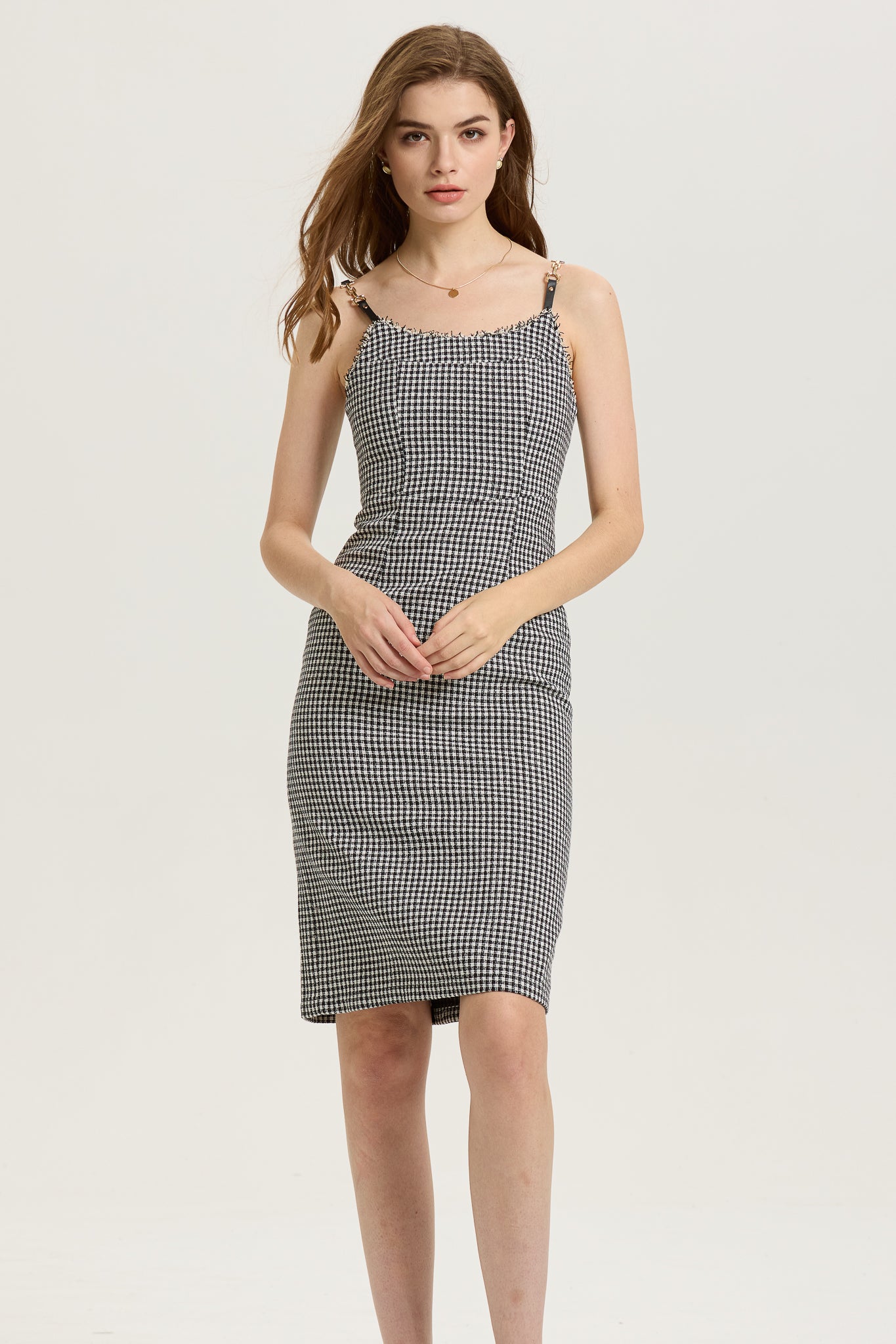 RP2608 - Houndstooth Fitted Midi Dress with Frayed Trim (2S-2M-2L)