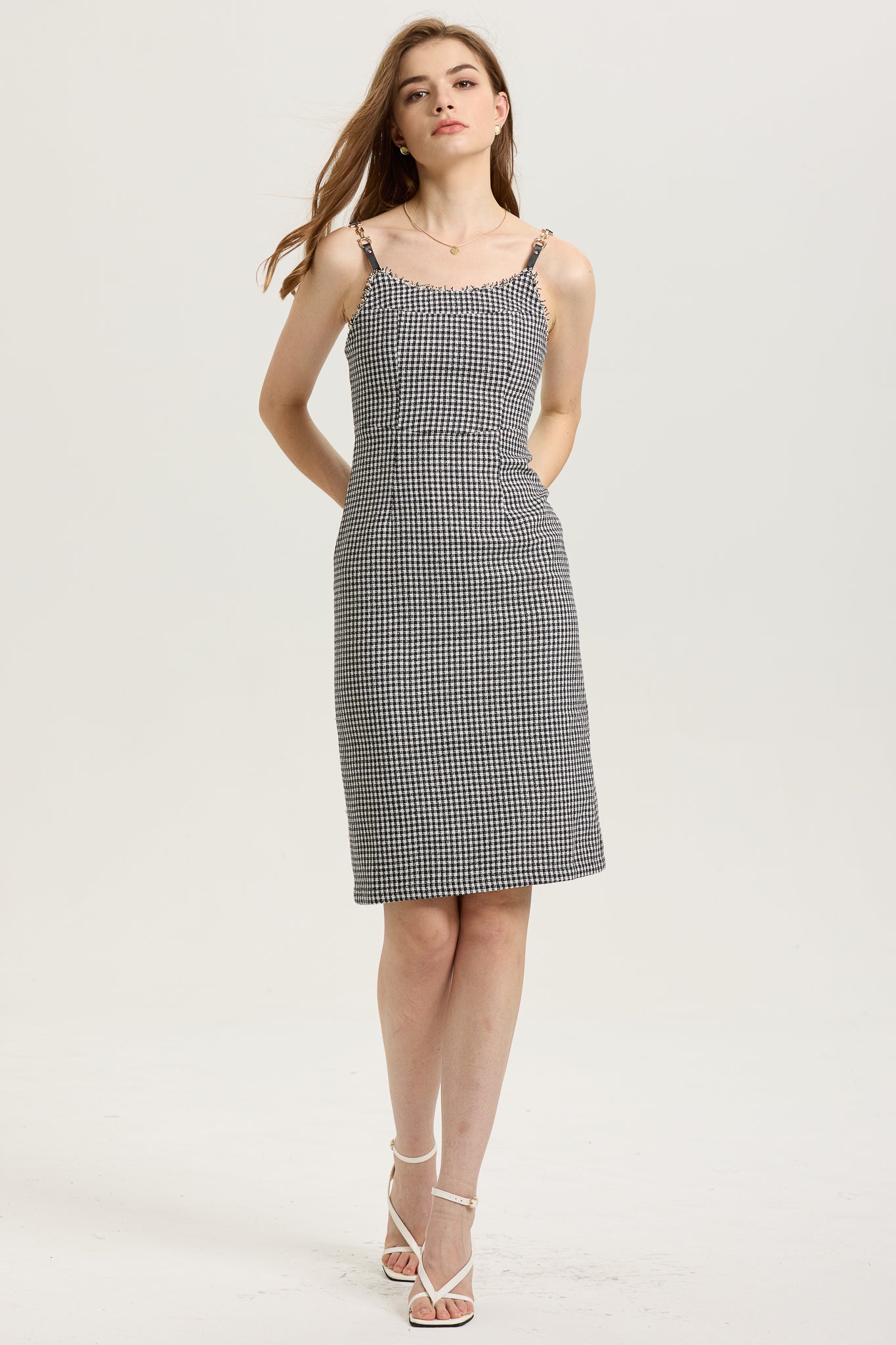 RP2608 - Houndstooth Fitted Midi Dress with Frayed Trim (2S-2M-2L)