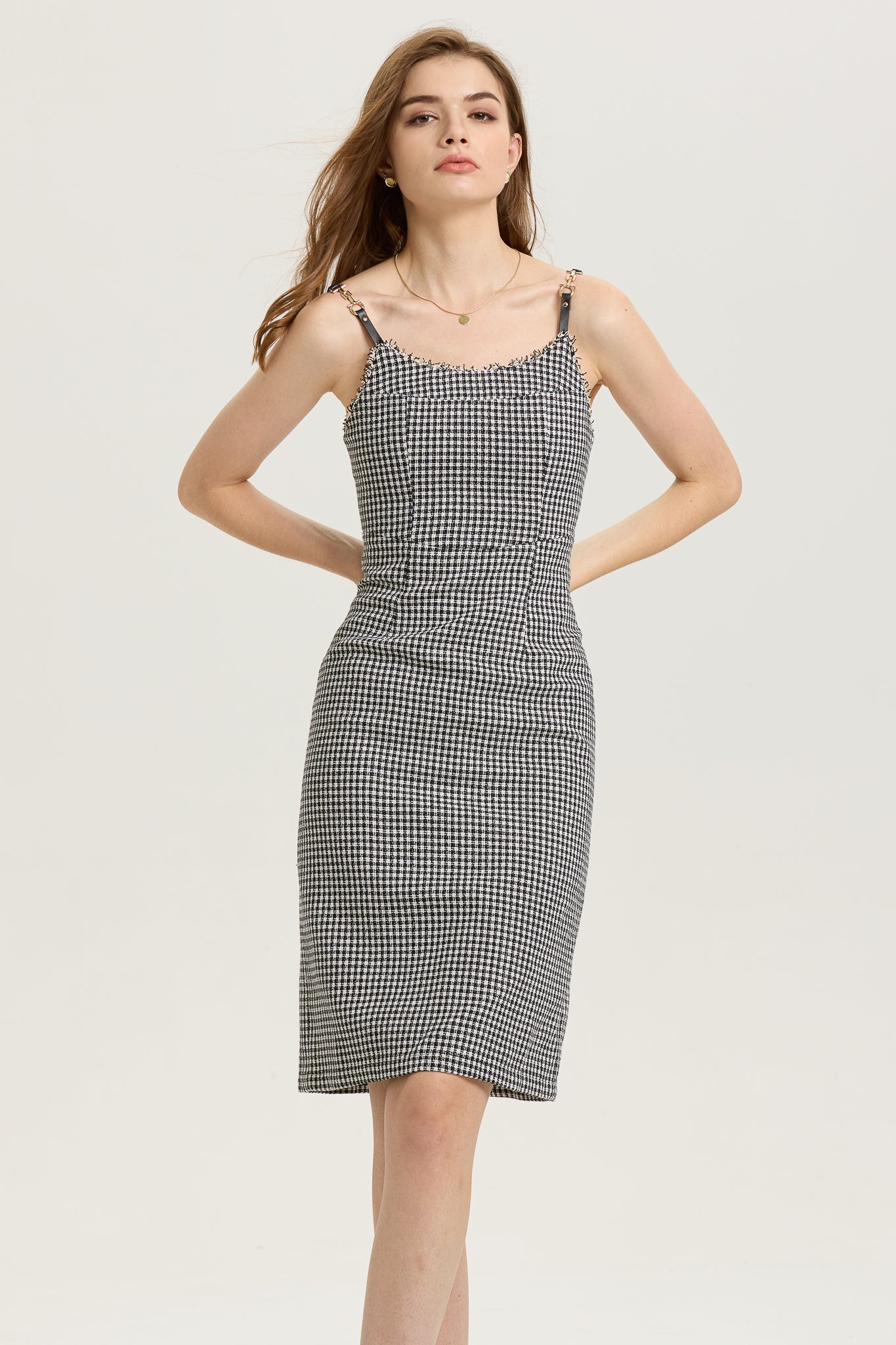 RP2608 - Houndstooth Fitted Midi Dress with Frayed Trim (2S-2M-2L)