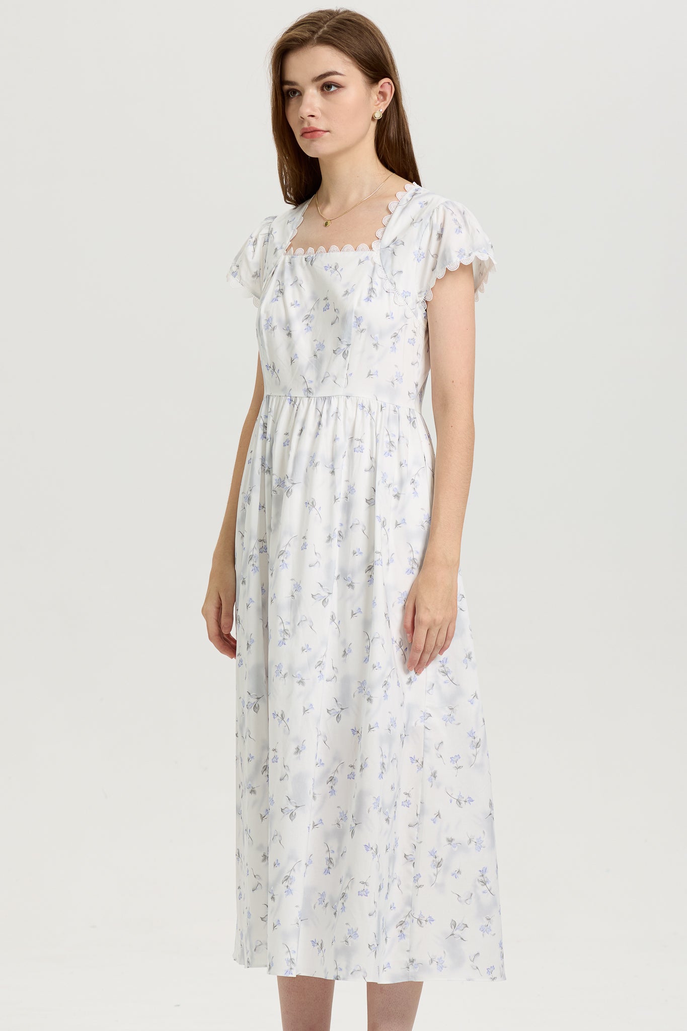 Square Neck Floral Midi Dress with Scalloped Trim (2S-2M-2L)