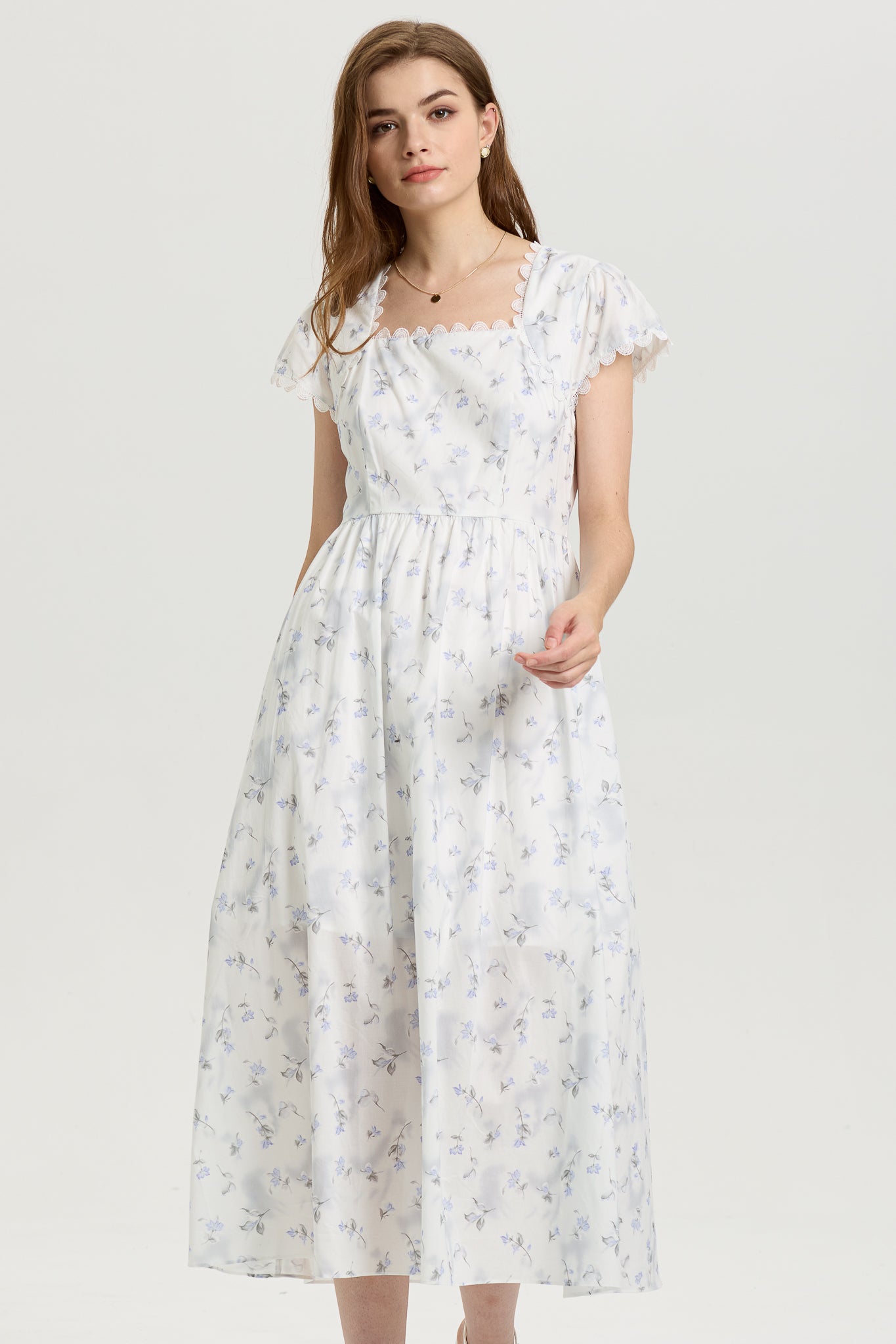 Square Neck Floral Midi Dress with Scalloped Trim (2S-2M-2L)