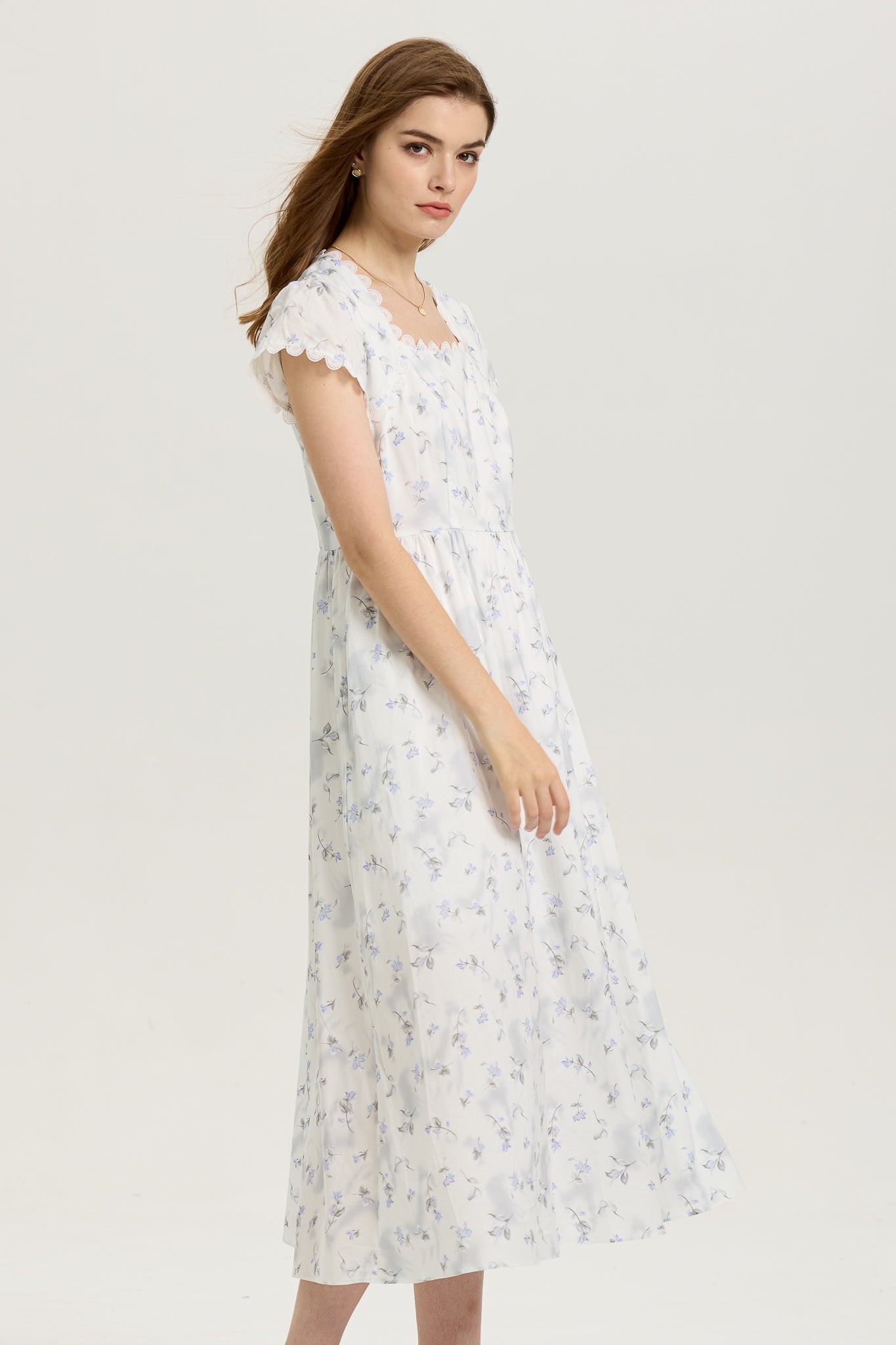 Square Neck Floral Midi Dress with Scalloped Trim (2S-2M-2L)