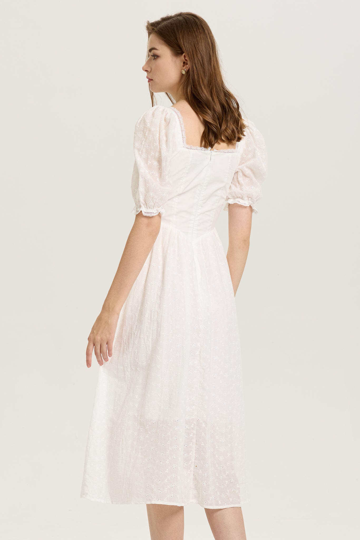 White Puff-Sleeve Embroidered Midi Dress with Corset Bodice (2S-2M-2L)