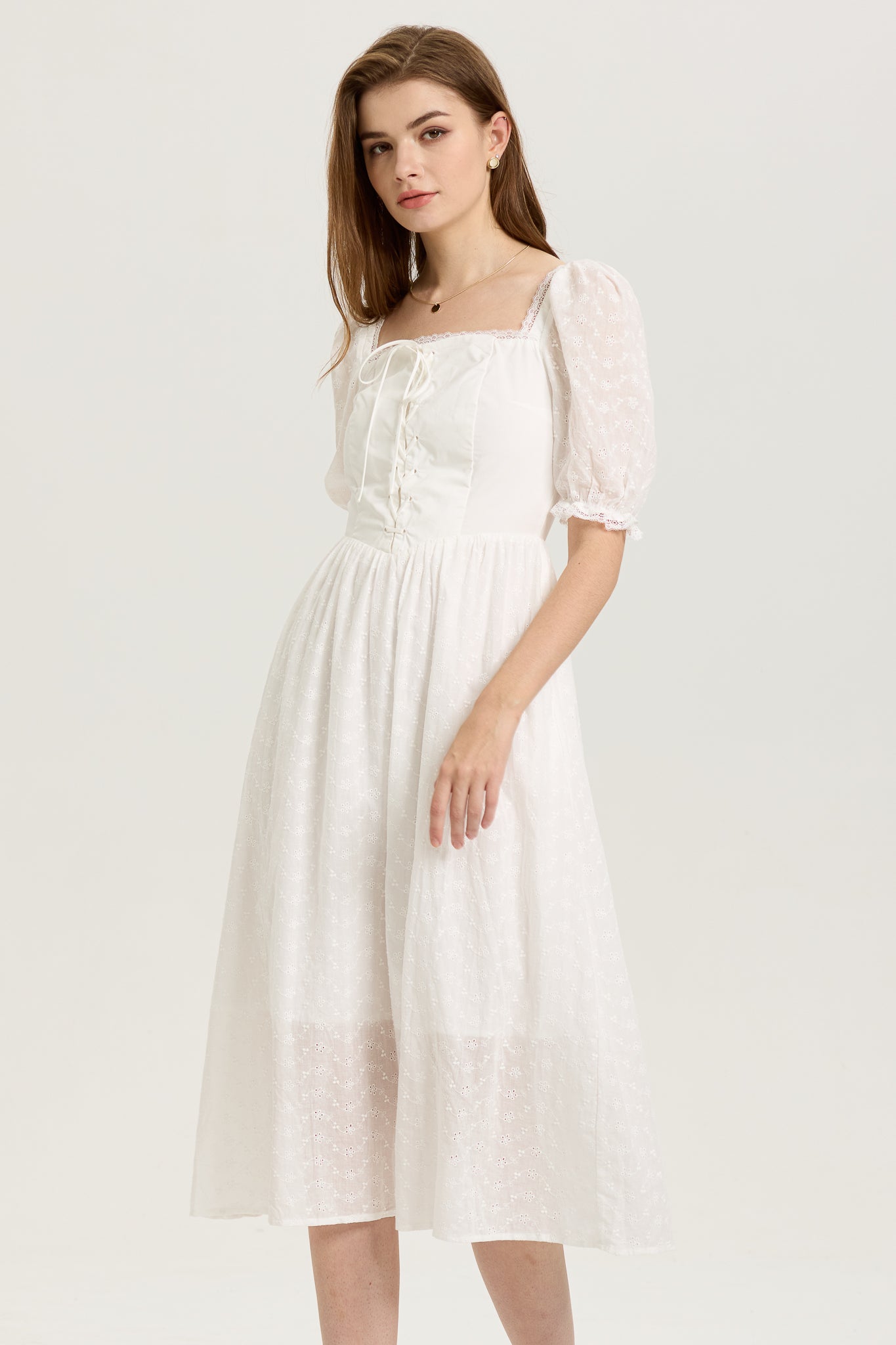 White Puff-Sleeve Embroidered Midi Dress with Corset Bodice (2S-2M-2L)