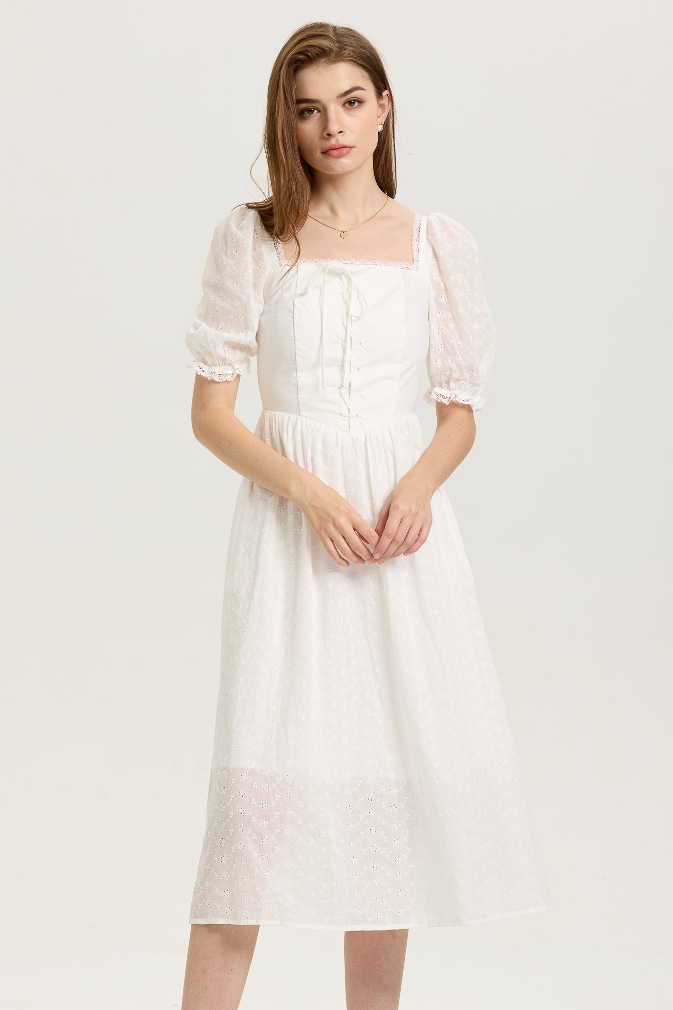 White Puff-Sleeve Embroidered Midi Dress with Corset Bodice (2S-2M-2L)