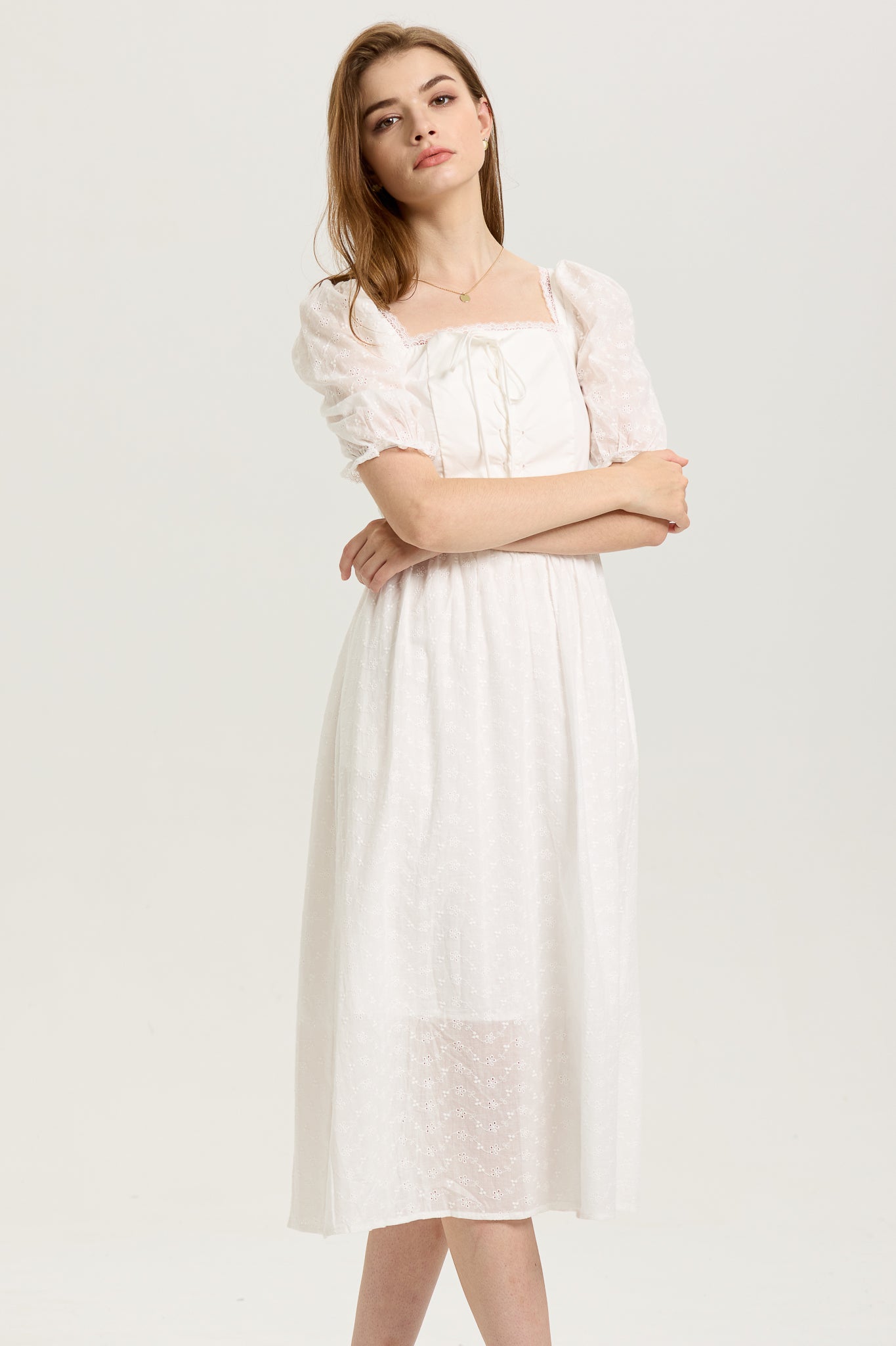 White Puff-Sleeve Embroidered Midi Dress with Corset Bodice (2S-2M-2L)