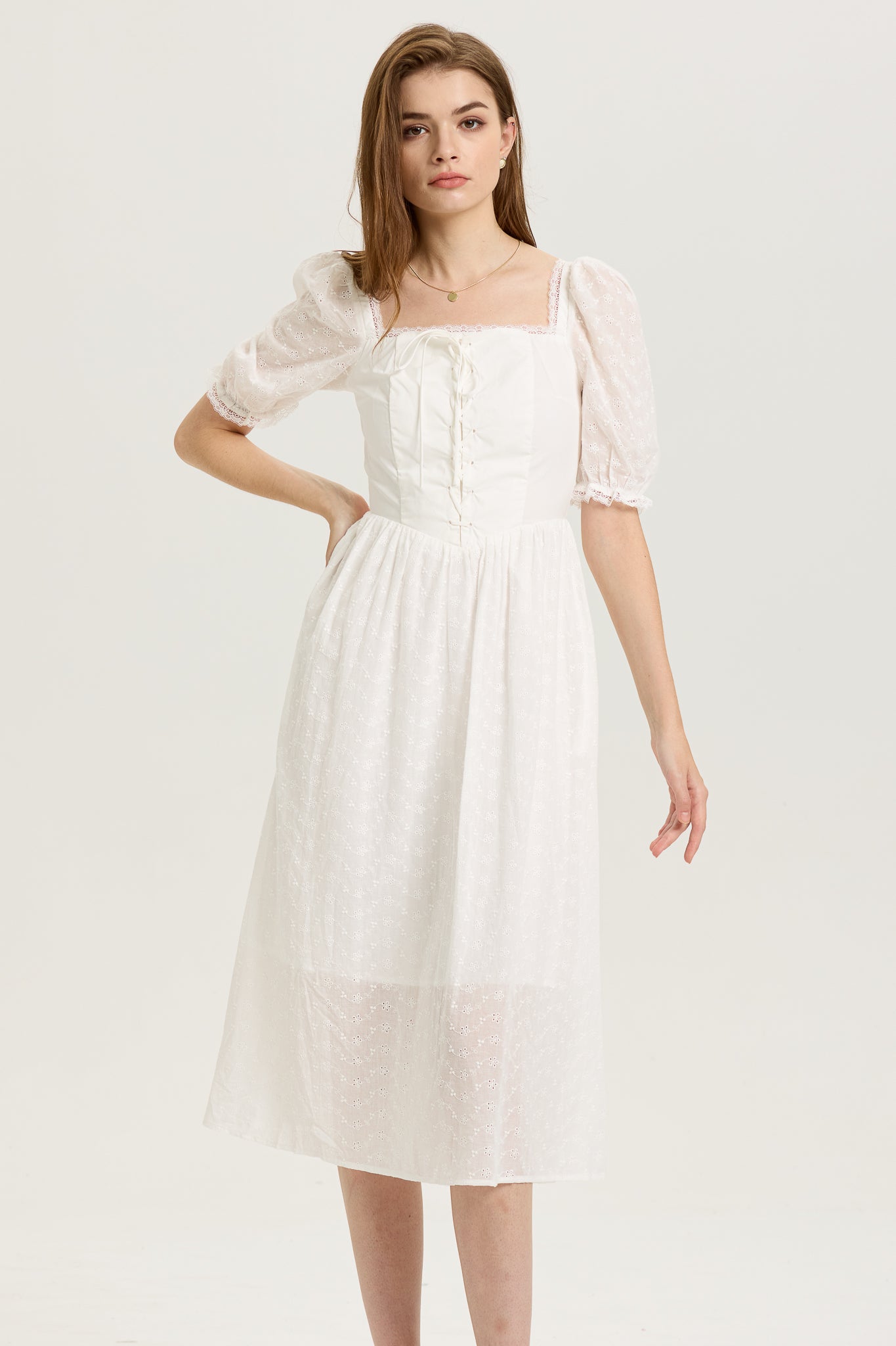 RP2602 - White Puff-Sleeve Embroidered Midi Dress with Corset Bodice (2S-2M-2L)