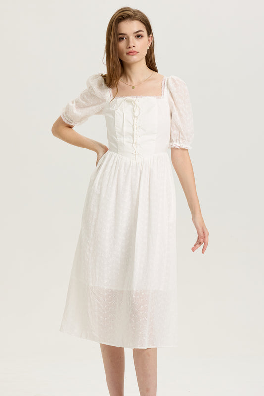 White Puff-Sleeve Embroidered Midi Dress with Corset Bodice (2S-2M-2L)