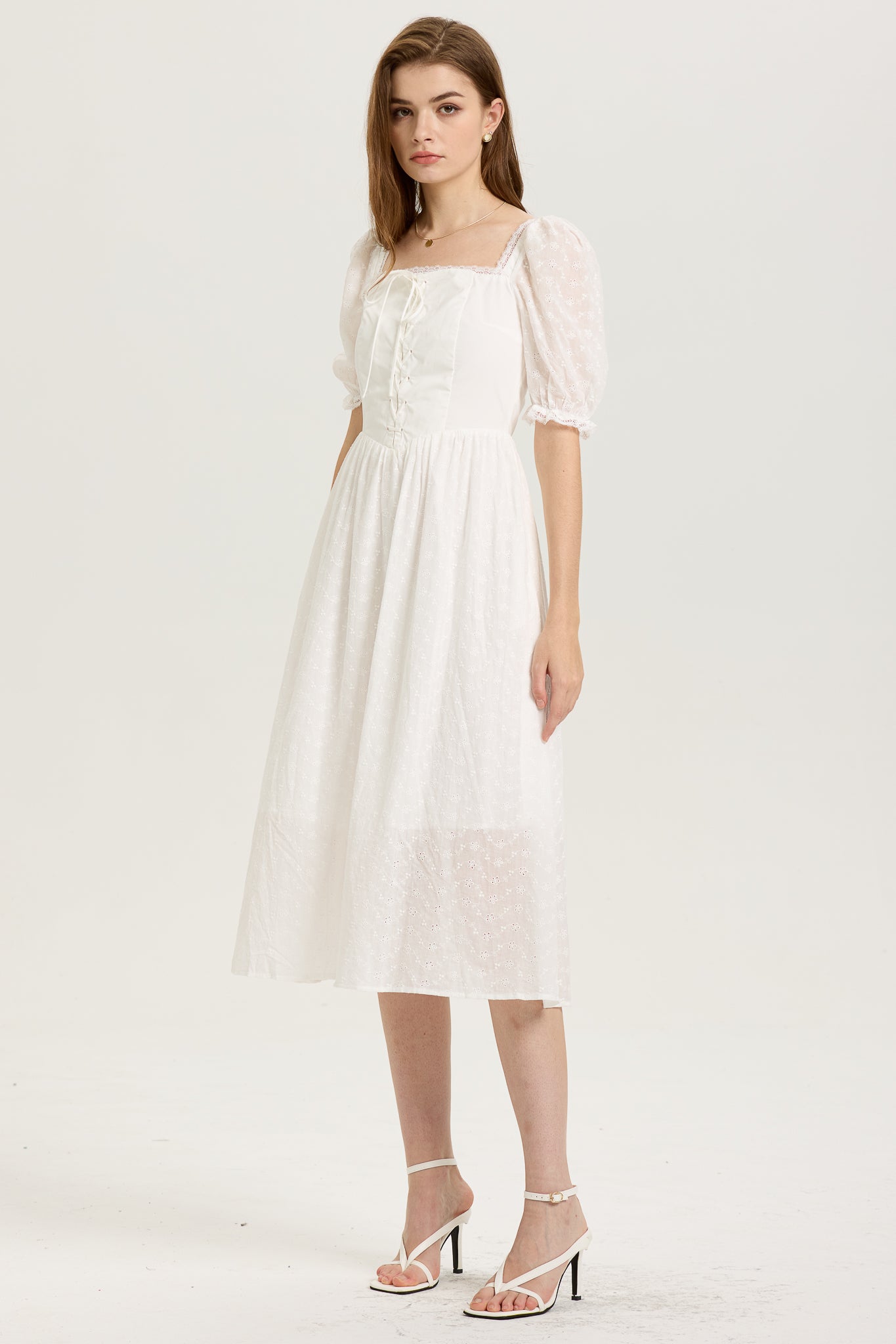 White Puff-Sleeve Embroidered Midi Dress with Corset Bodice (2S-2M-2L)