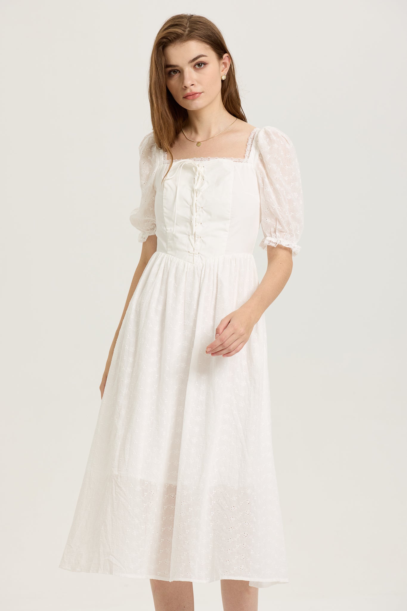 White Puff-Sleeve Embroidered Midi Dress with Corset Bodice (2S-2M-2L)