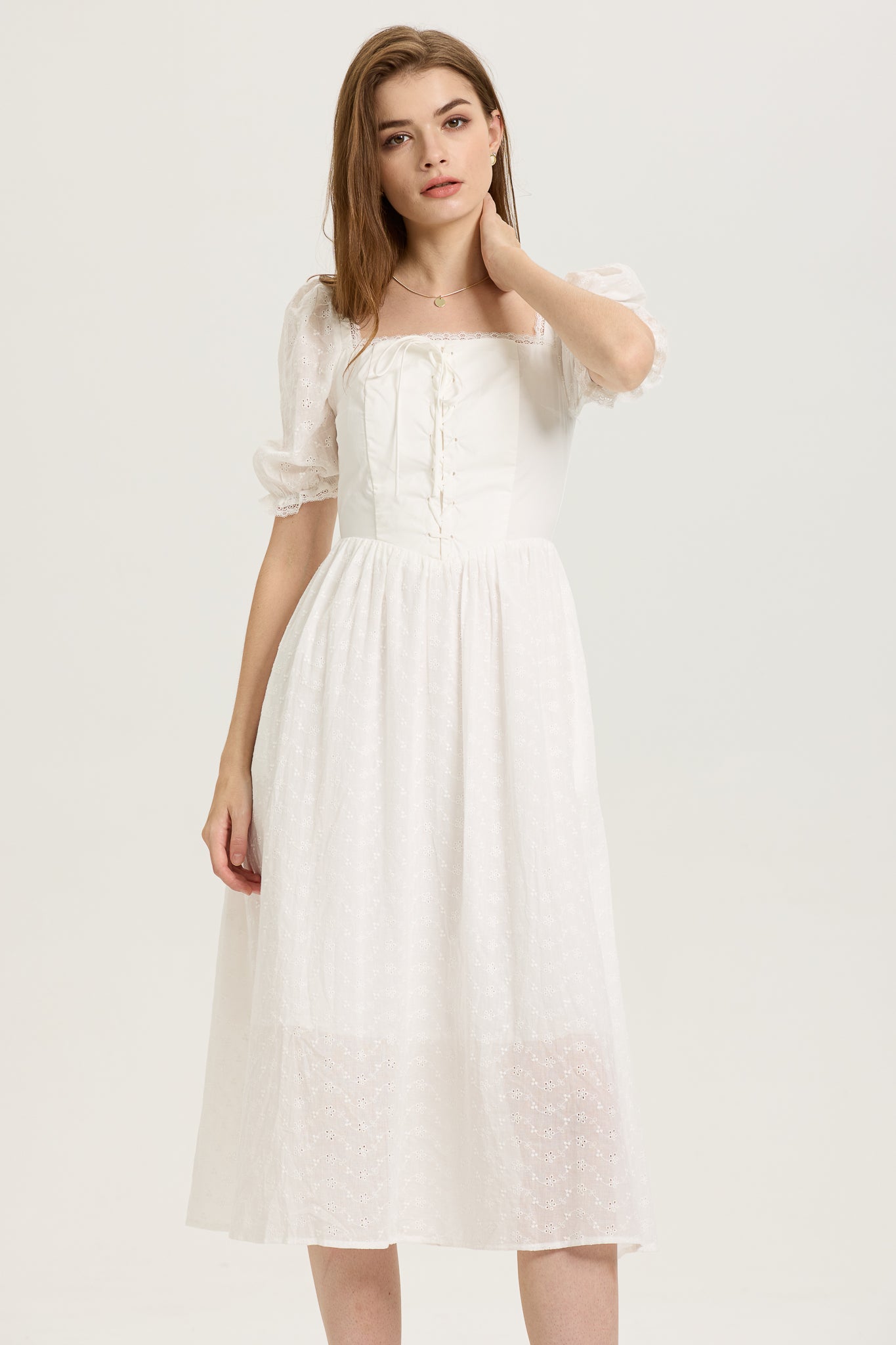 White Puff-Sleeve Embroidered Midi Dress with Corset Bodice (2S-2M-2L)