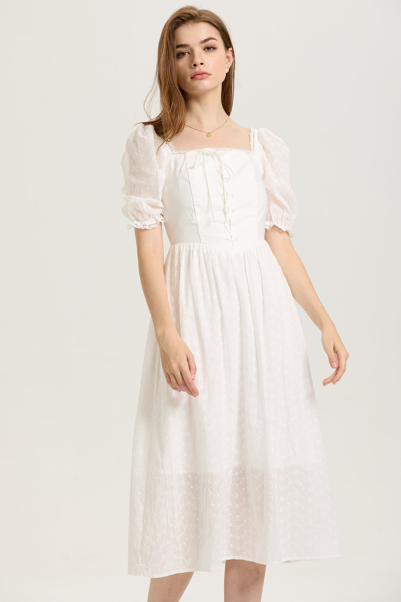 White Puff-Sleeve Embroidered Midi Dress with Corset Bodice (2S-2M-2L)