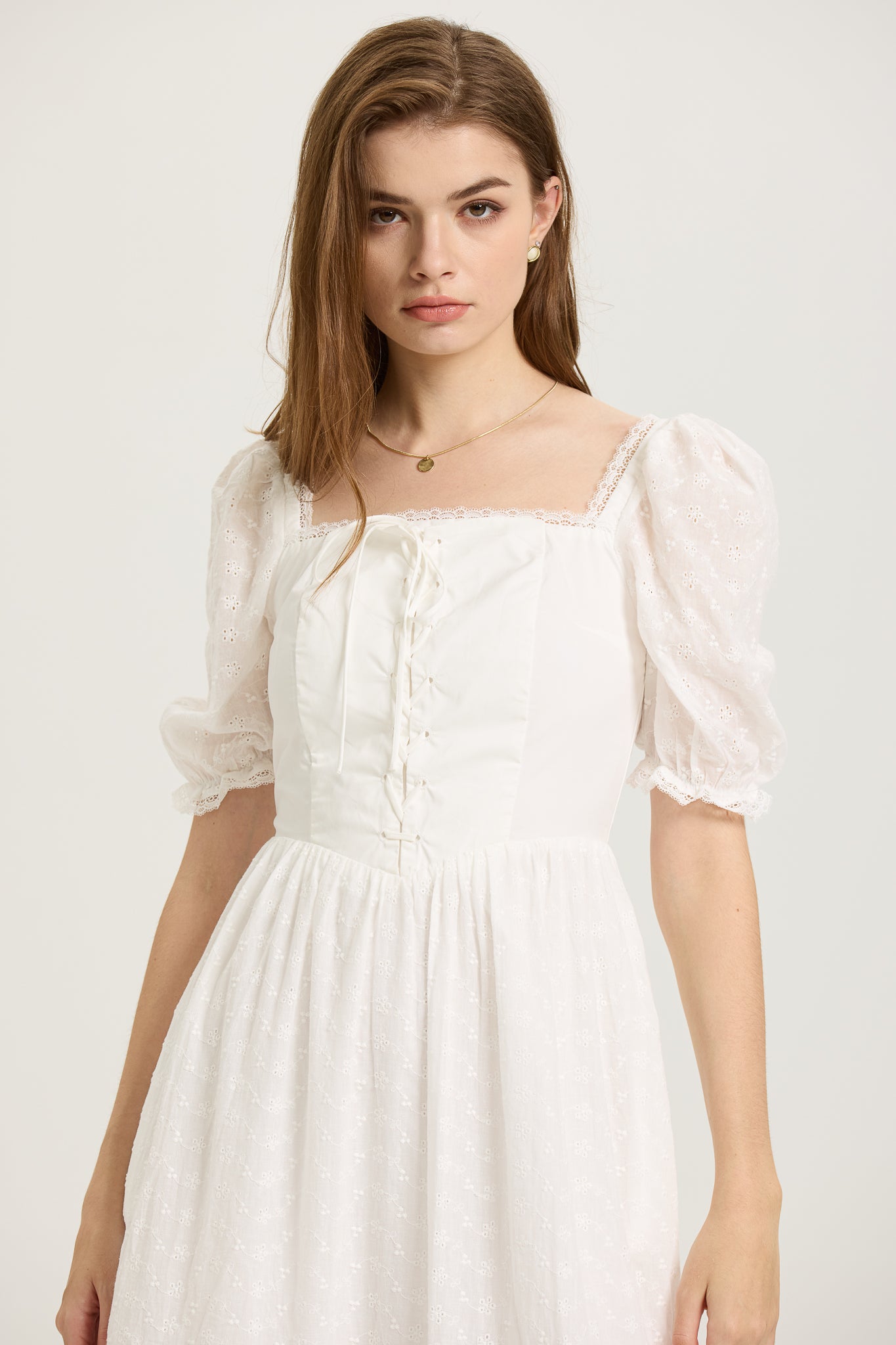 RP2602 - White Puff-Sleeve Embroidered Midi Dress with Corset Bodice (2S-2M-2L)