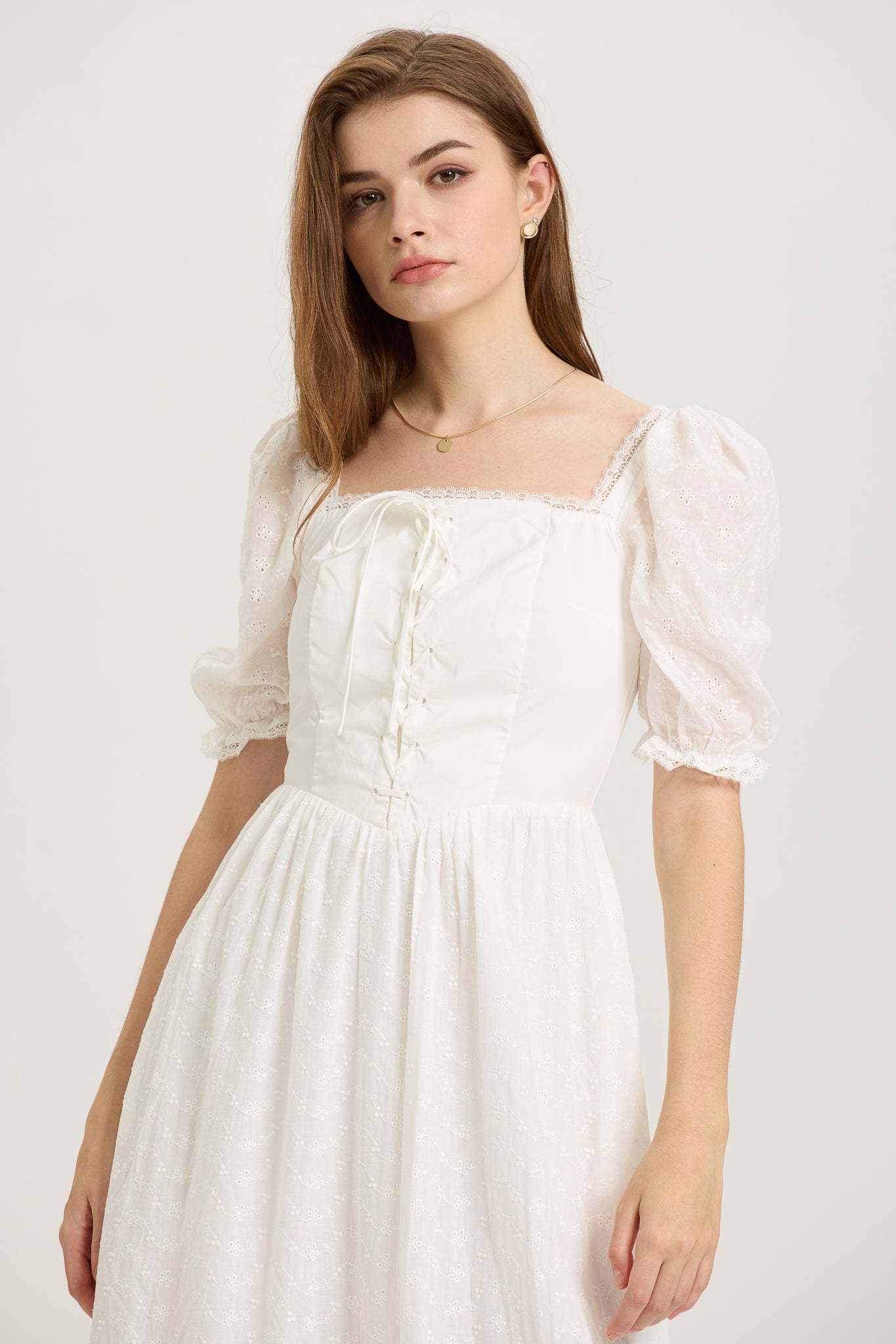 White Puff-Sleeve Embroidered Midi Dress with Corset Bodice (2S-2M-2L)