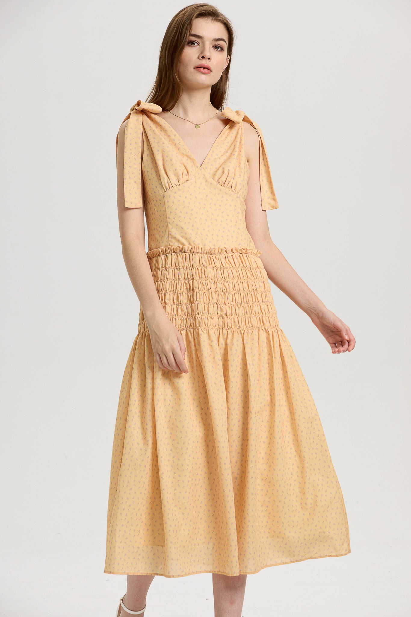 Yellow Smocked Midi Dress with Bow-Tie Straps (2S-2M-2L)