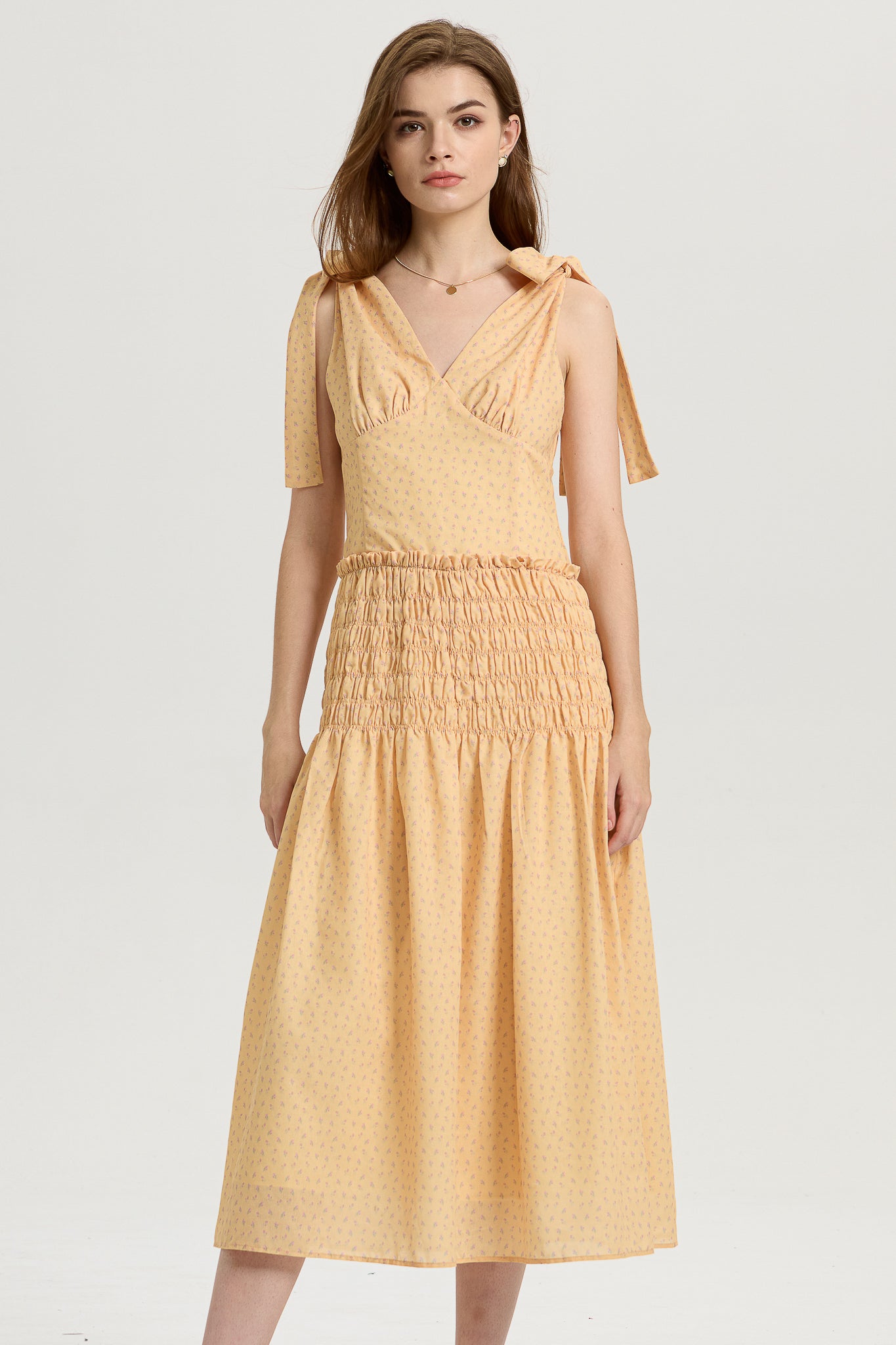 Yellow Smocked Midi Dress with Bow-Tie Straps (2S-2M-2L)