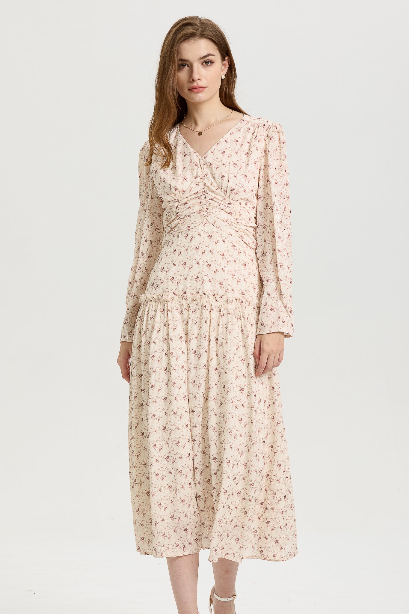 Blush Pink Floral Midi Dress with Long Sleeves (2S-2M-2L)