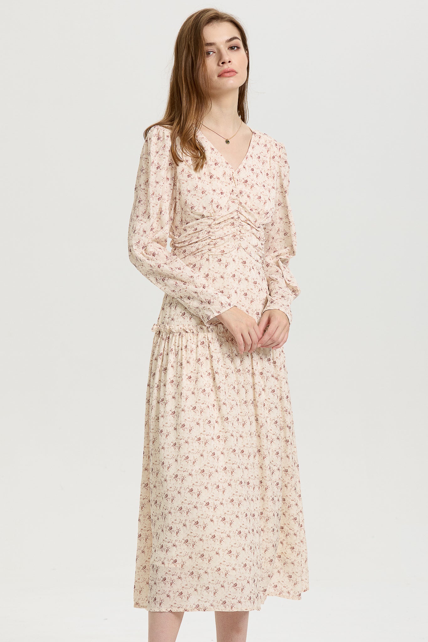 Blush Pink Floral Midi Dress with Long Sleeves (2S-2M-2L)