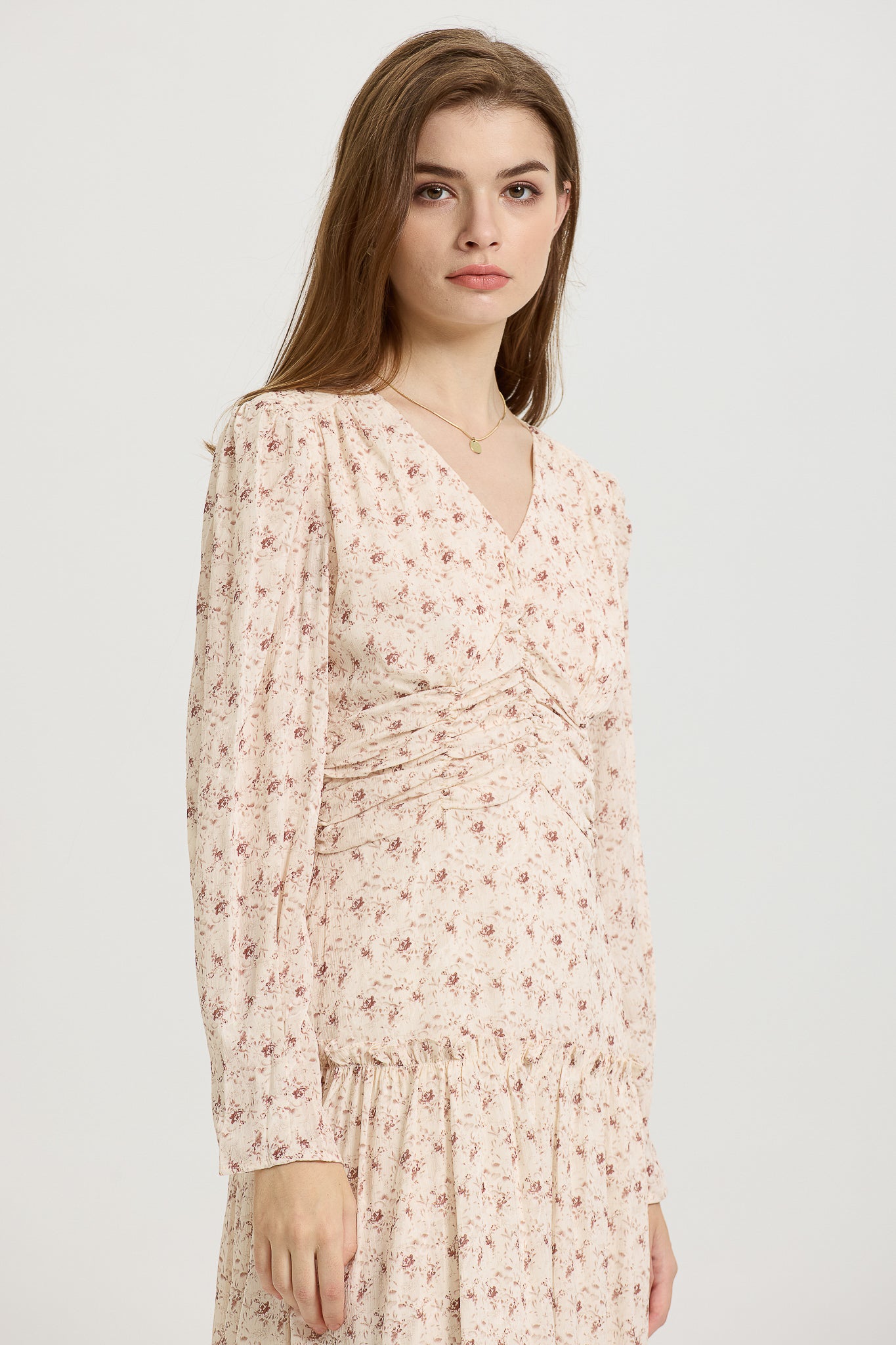 Blush Pink Floral Midi Dress with Long Sleeves (2S-2M-2L)