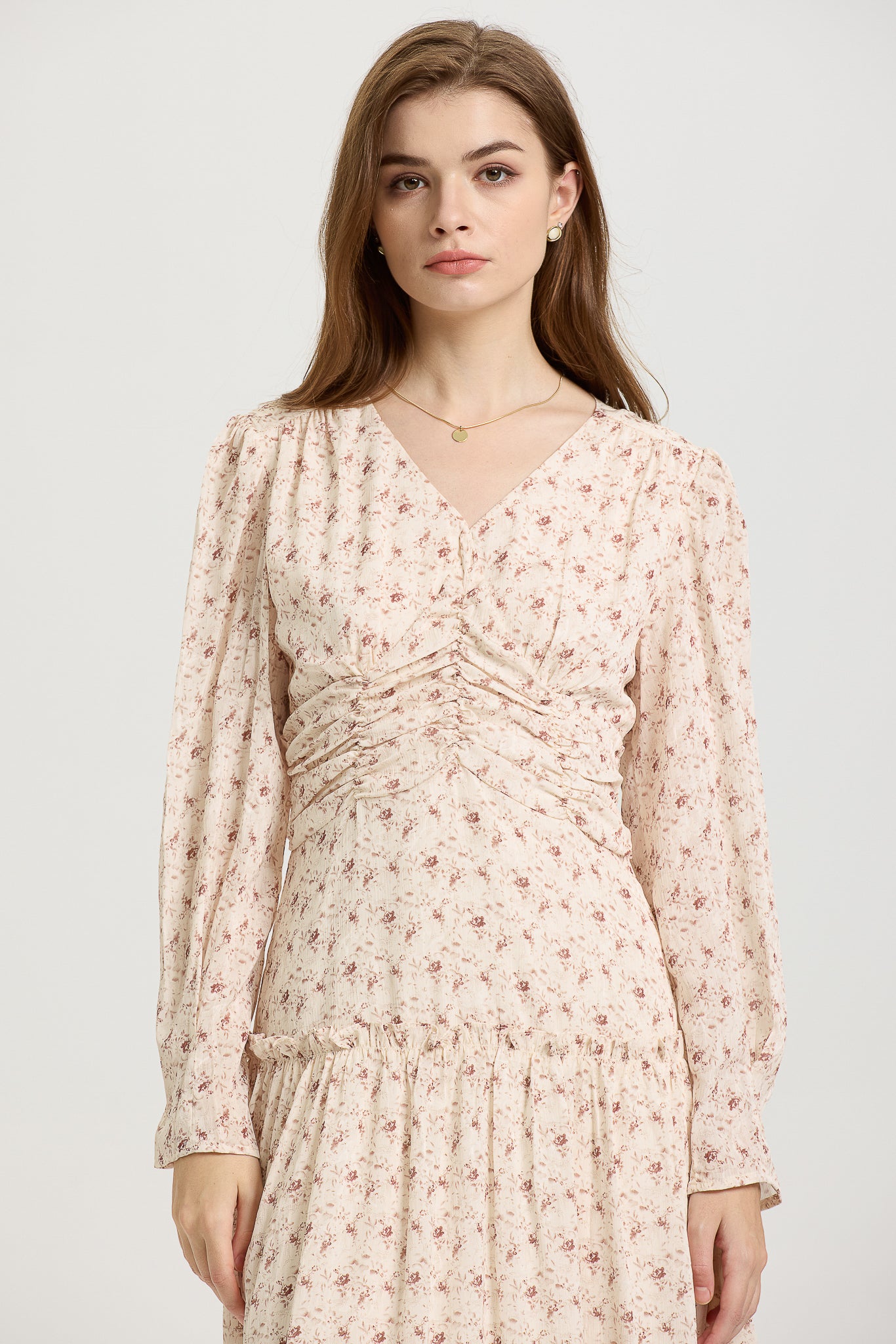 Blush Pink Floral Midi Dress with Long Sleeves (2S-2M-2L)