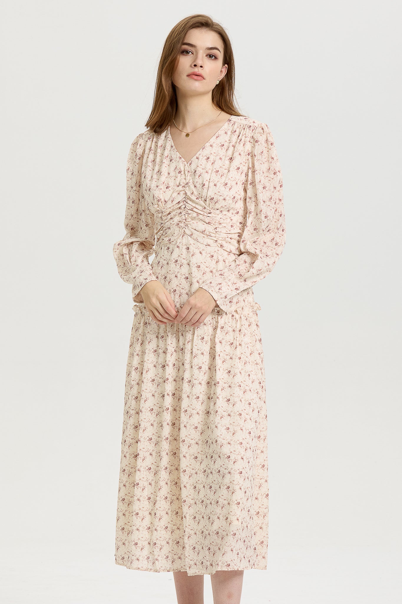 Blush Pink Floral Midi Dress with Long Sleeves (2S-2M-2L)